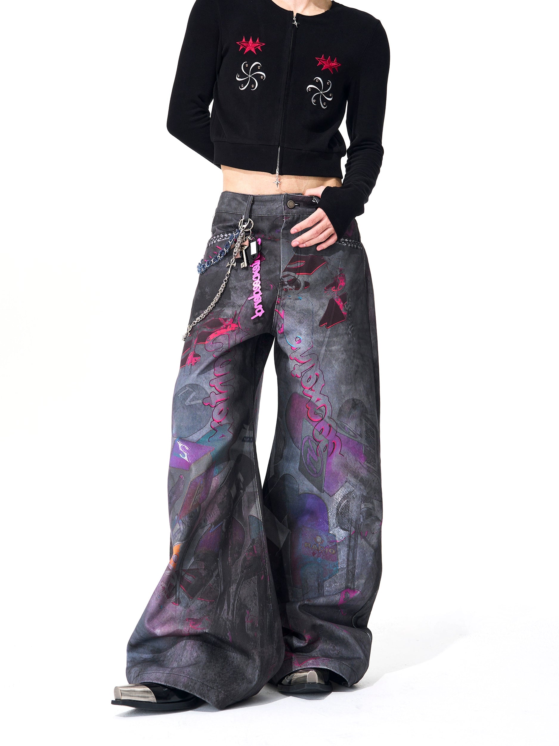 Graffiti Print Wide Leg Jeans