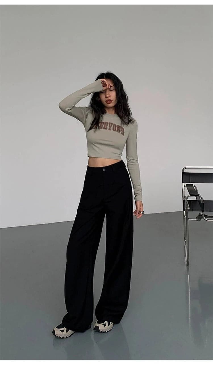 Black High-Waist Straight-Leg Suit Trousers - chiclara