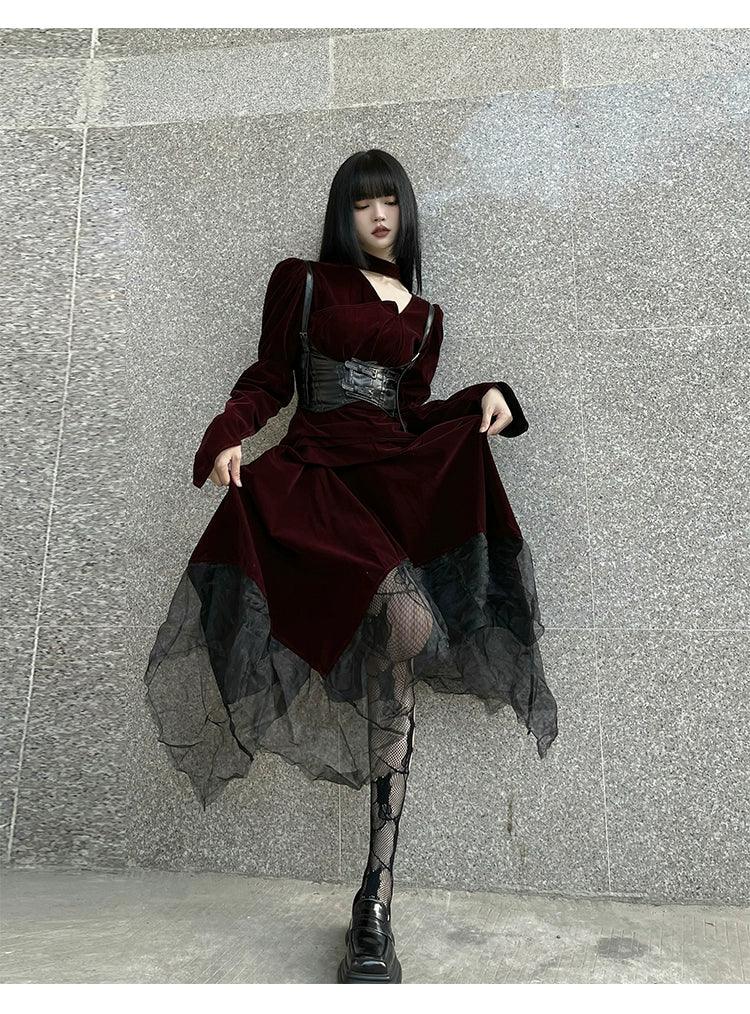 Ladyghost Gothic Victorian Maxi Dress - Women'S Burgundy Velvet And Black Mesh Layered Gown With Corset Belt