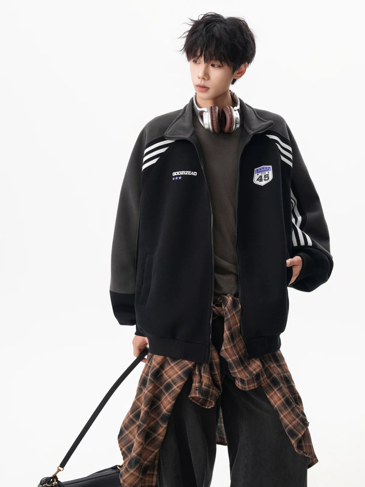 Varsity Track Stripe Zip Bomber Sweater