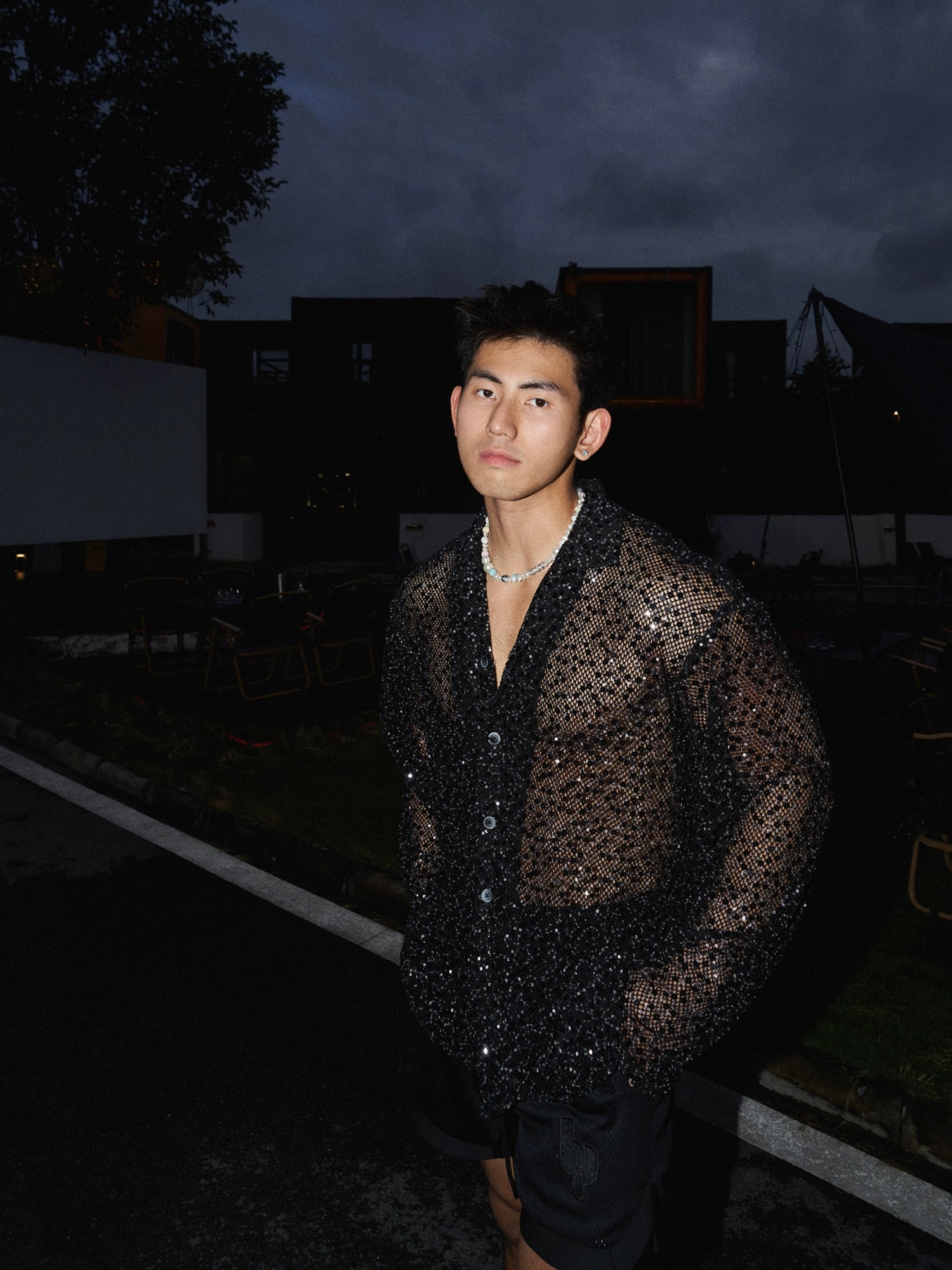 Silver Sequin Cutout Long Sleeve Shirt