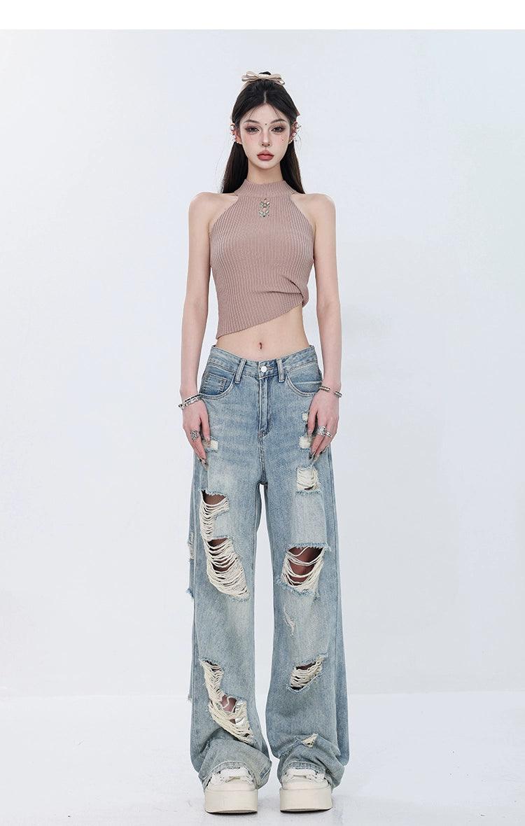 Vintage Grunge Distressed Wide-Leg Jeans