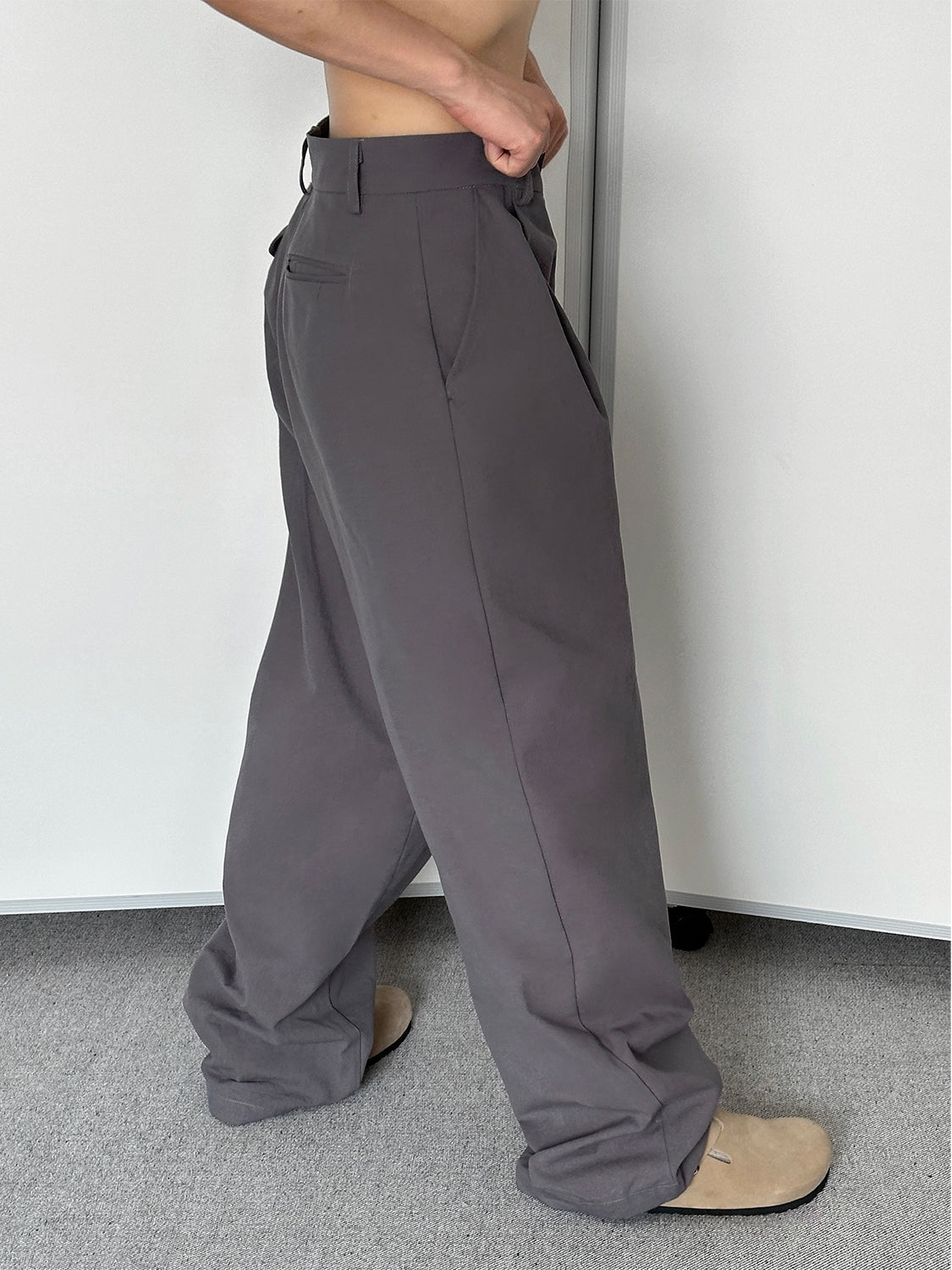 Wide-Leg Pleated Charcoal Grey Trousers
