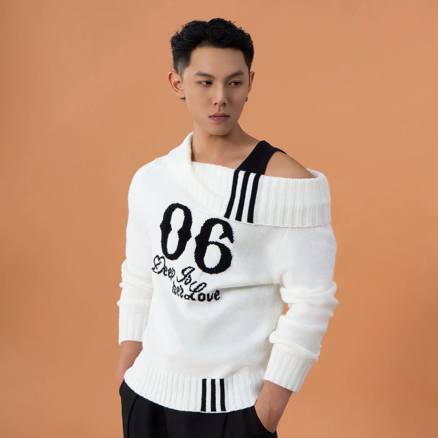 Varsity Drift Off-Shoulder Knit Pullover