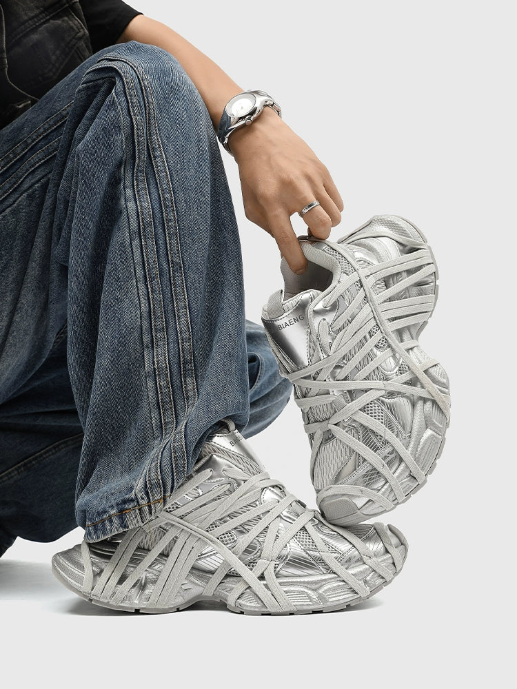 Chunky Futuristic Sneakers with Crisscross Strap Detailing