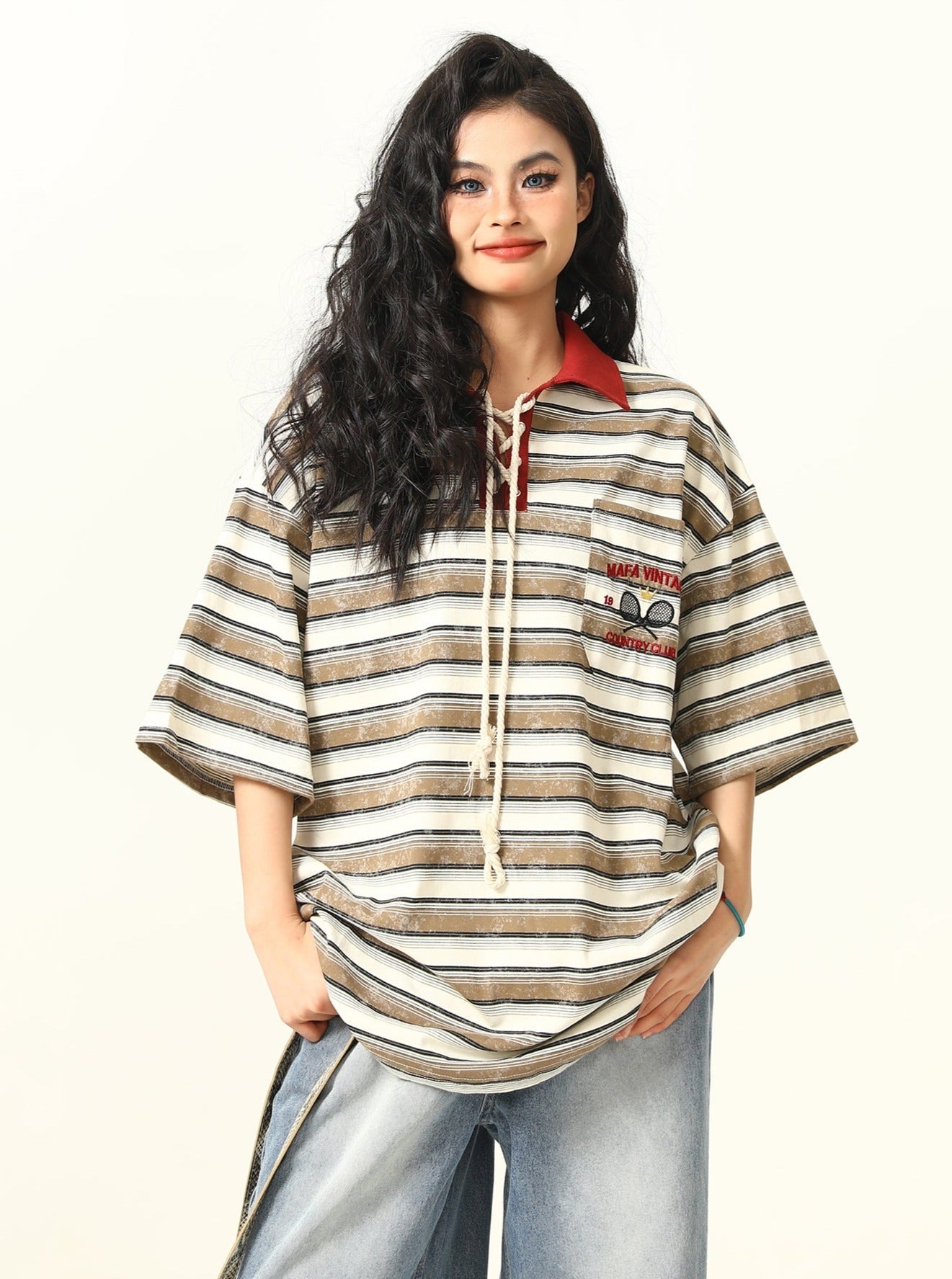 Striped Lace-Up Collar Rugby Shirt