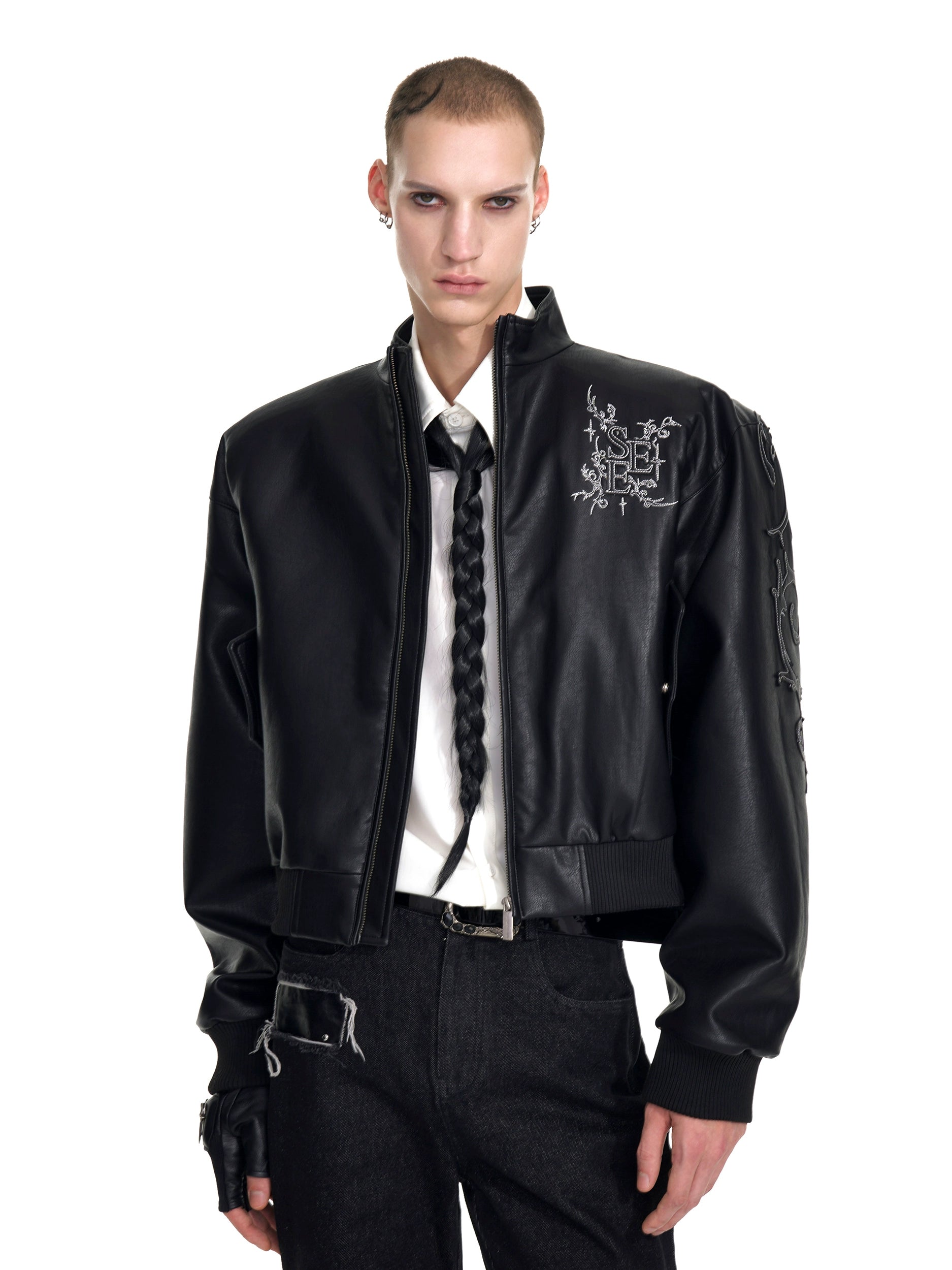 Studded 55 Black Leather Bomber Jacket