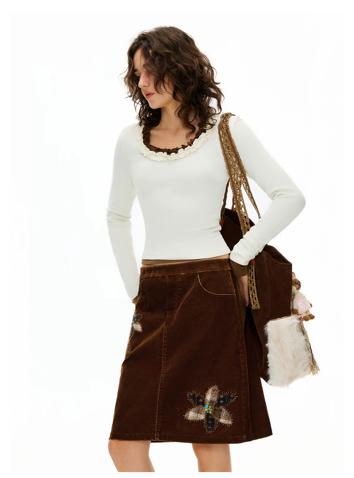 Ruffled Cocoa Butter Scoop Knit Top