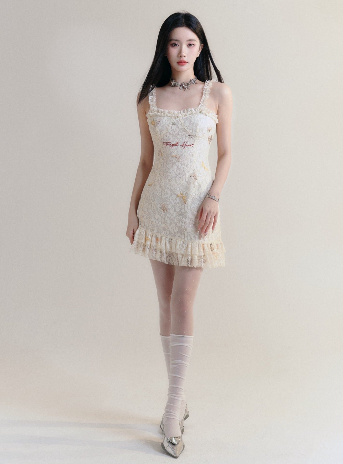 Vintage-Inspired Floral Lace Mini Dress with Ruffle Trim