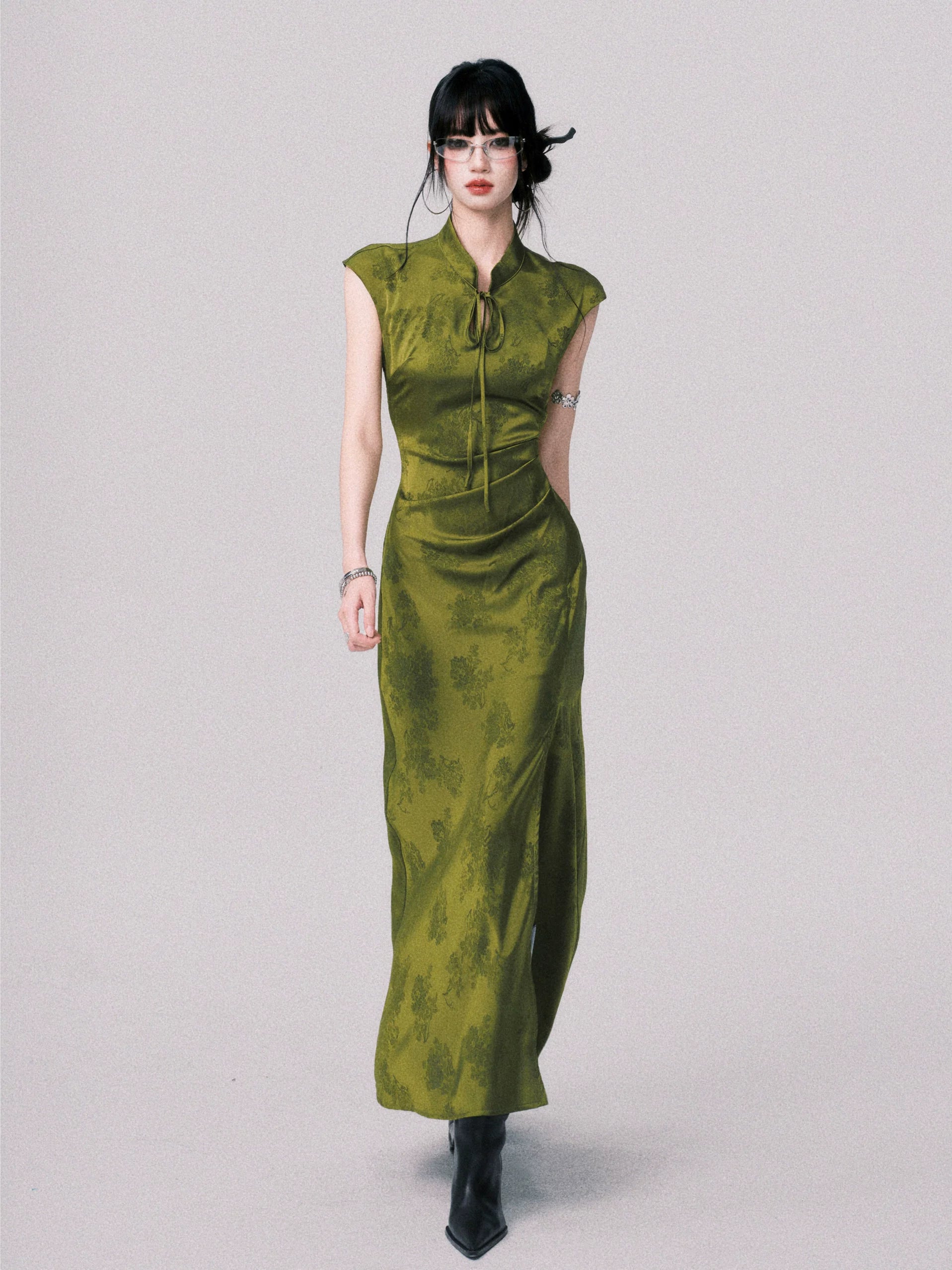 Verdant Whispers Cheongsam Maxi Dress