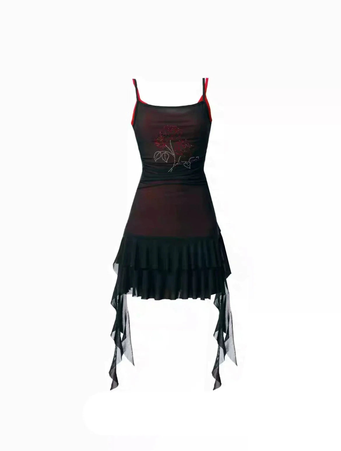 Gothic Asymmetric Hem Spaghetti Strap Mini Dress with Mesh Overlay