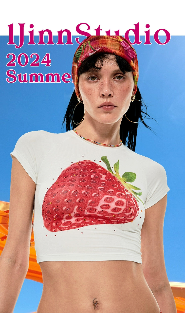 Fruit Rhinestone-Embellished Stretchy Printed T-Shirt - chiclara