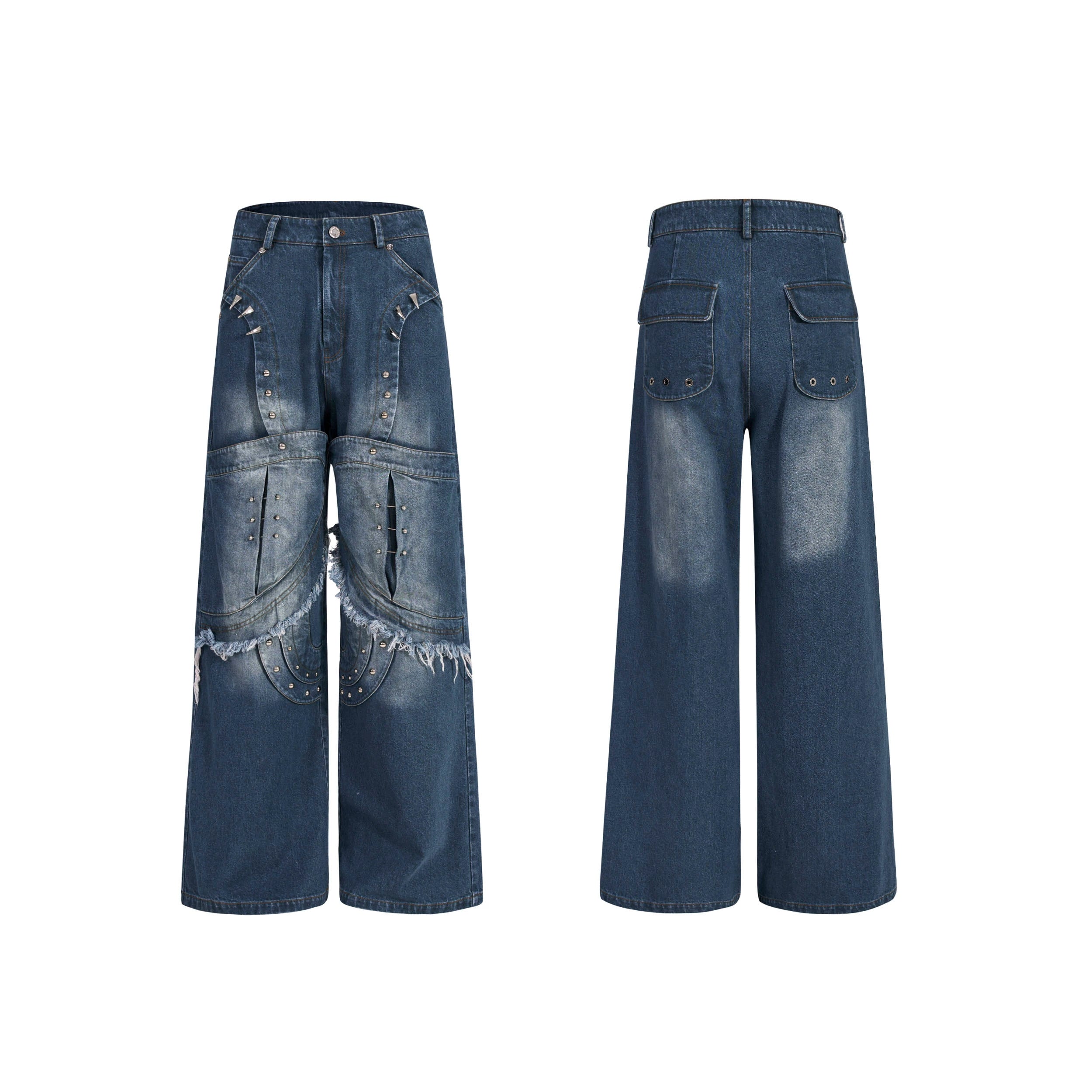 Studded Frayed Denim Jacket and Wide-Leg Jeans Setup