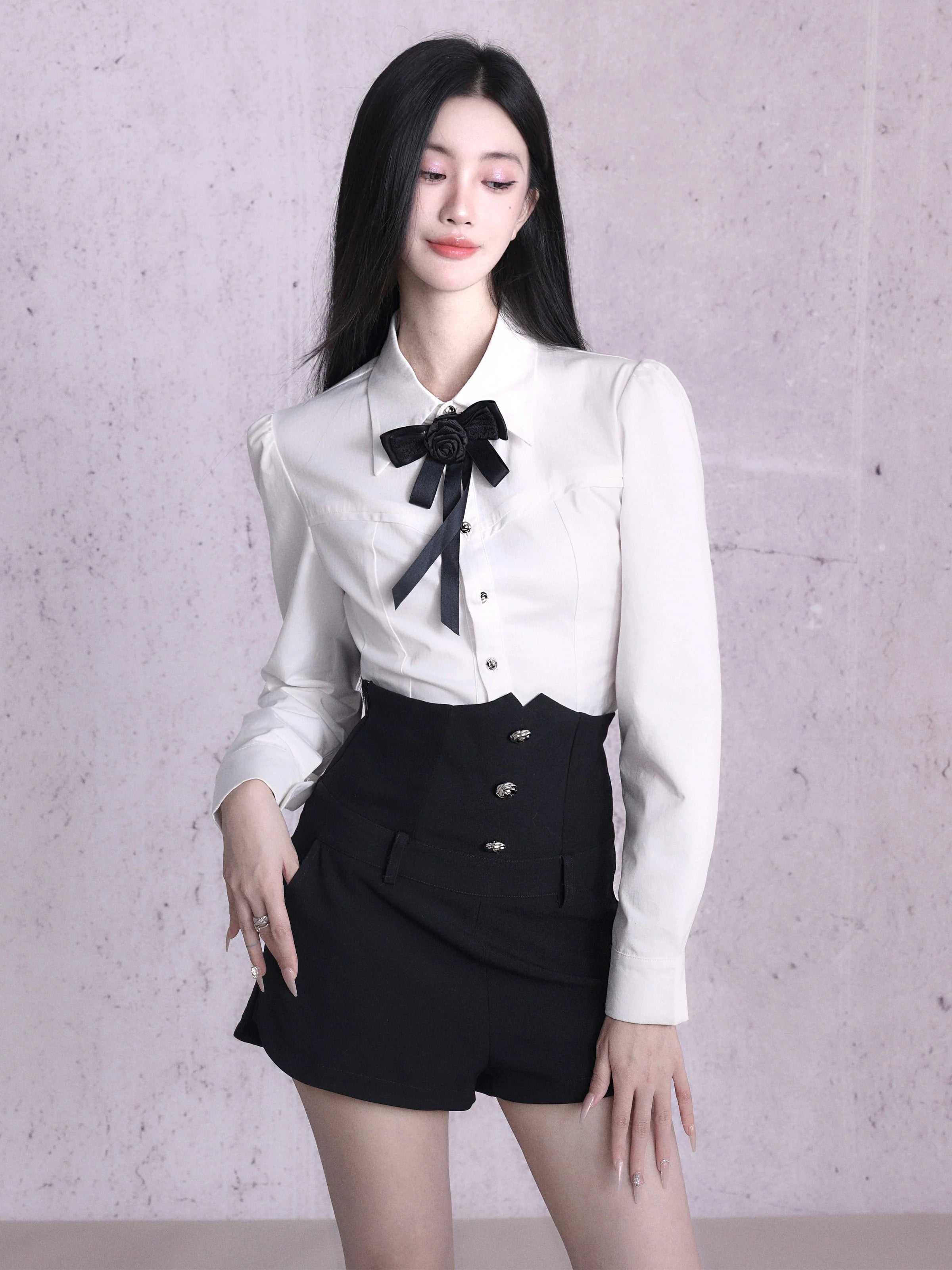 Elegant Contrast Bow-Tie Crop Blazer and High-Waist Shorts Set