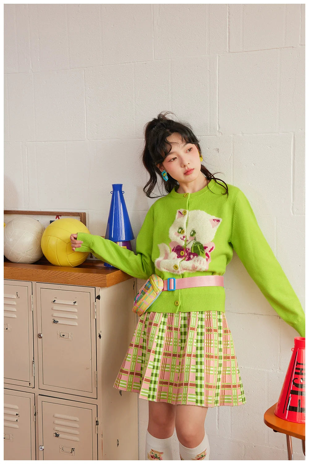Green Pink Plaid Knit Mini Skirt