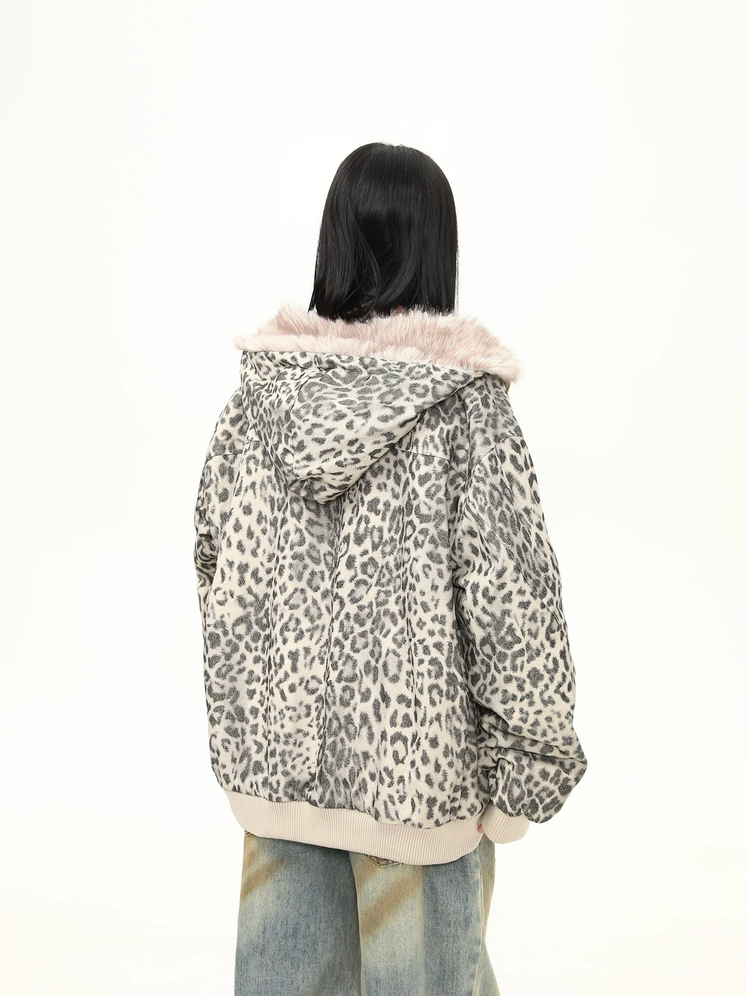 Snow Leopard Plush Zip Hoodie Jacket