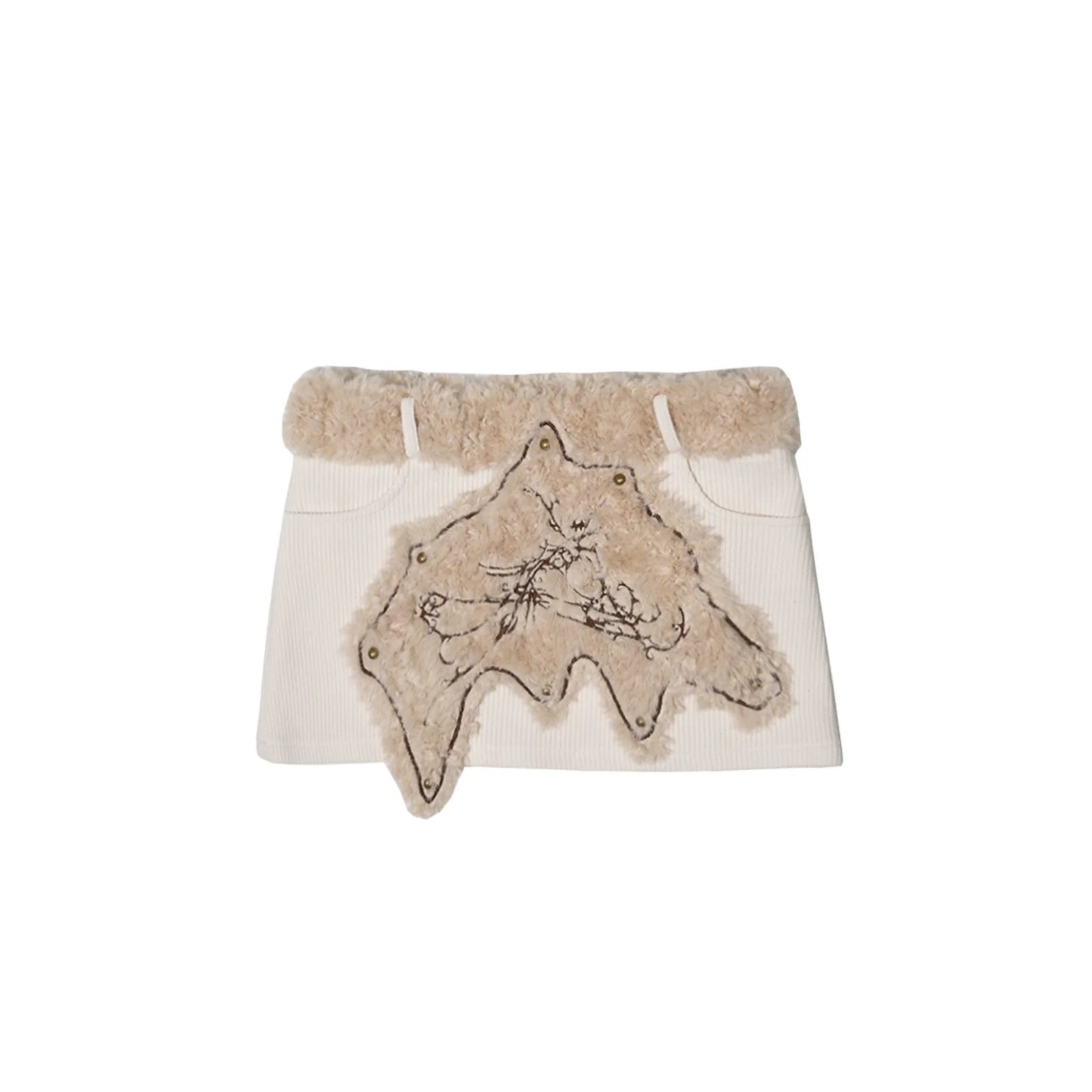 ARIADNAw Faux Fur Embellished Mini Skirt - Brown and Cream