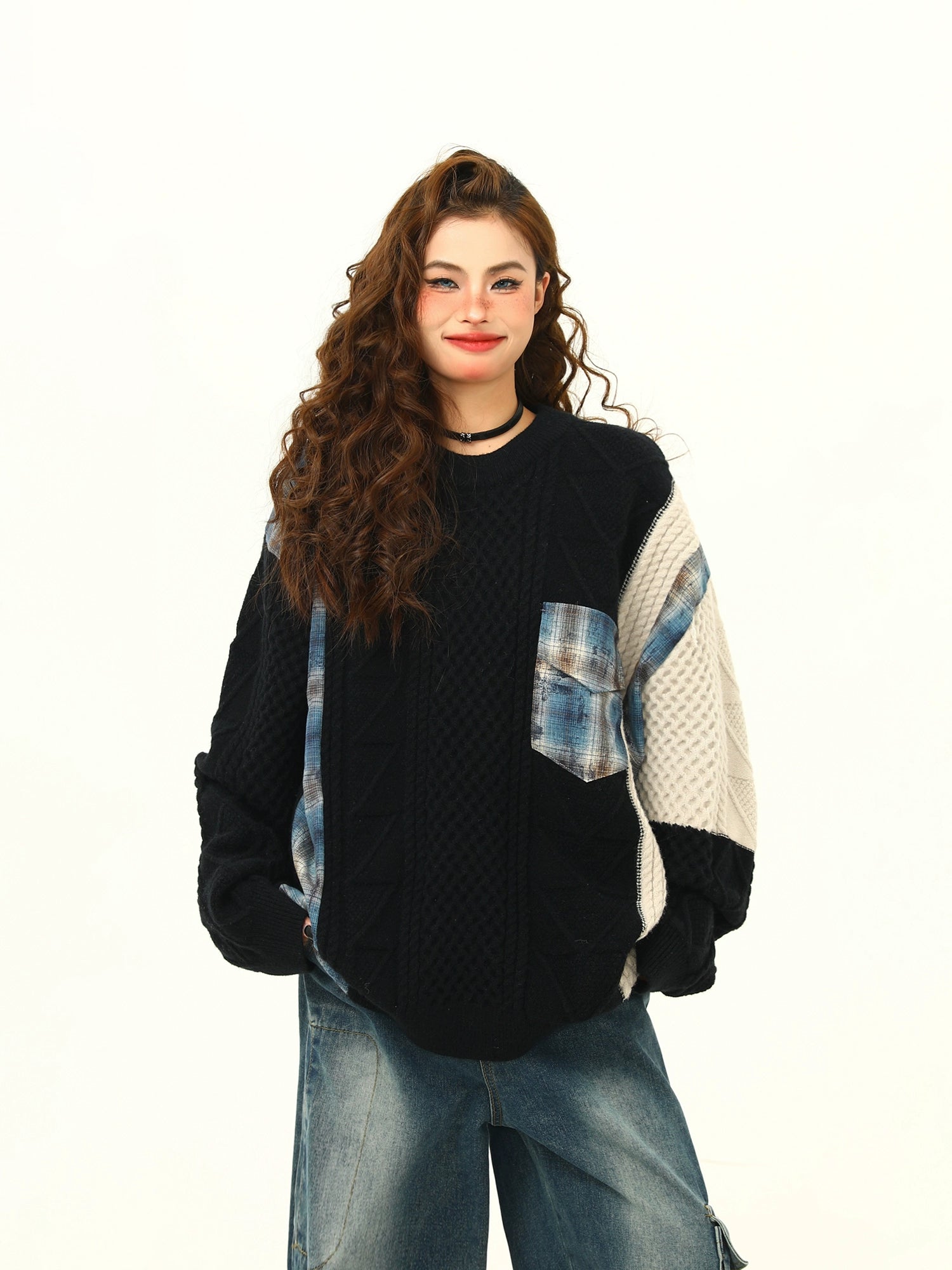 Patchwork Knit and Plaid Sweater