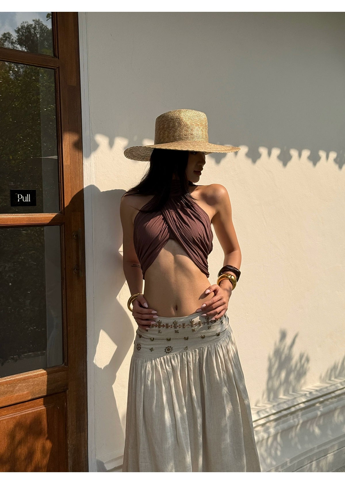 Brown Halter Neck Cut-Out Crop Top