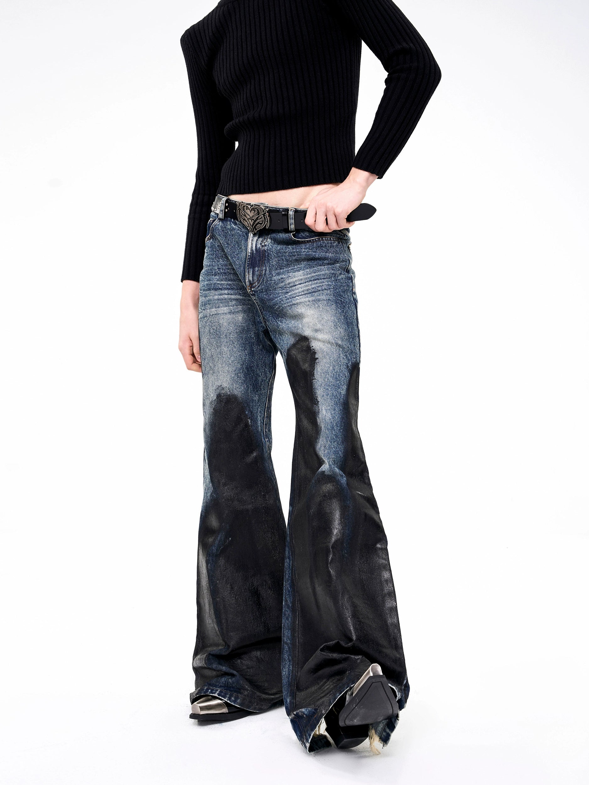 Two-Tone Flared Distressed Jeans