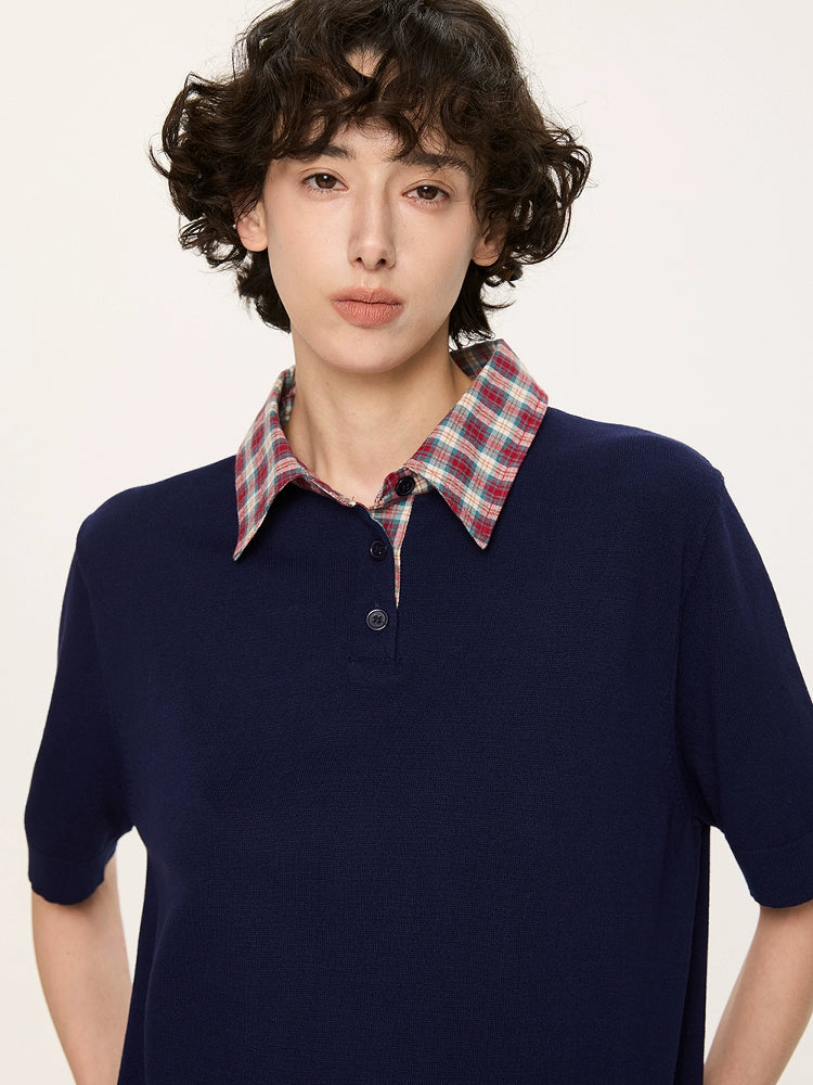 Contrast Plaid Collar Knit Polo Shirt