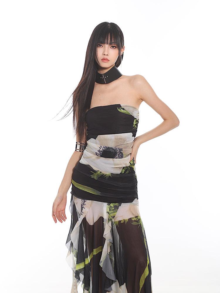 Elegant Floral Mesh Tube Top Dress - chiclara