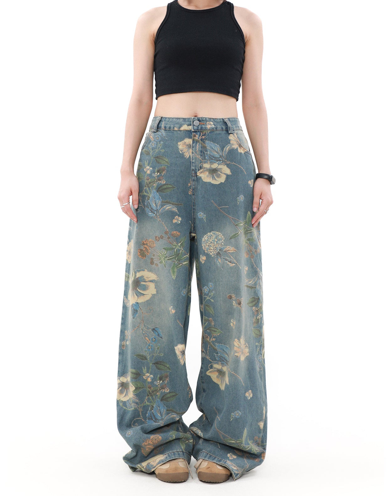 Floral Print Wide Leg Denim Jeans