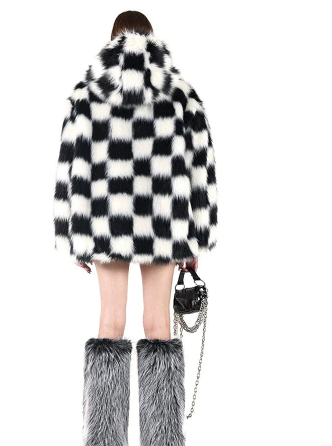 PINKSPINK Checkered Faux Fur Jacket - Black and White