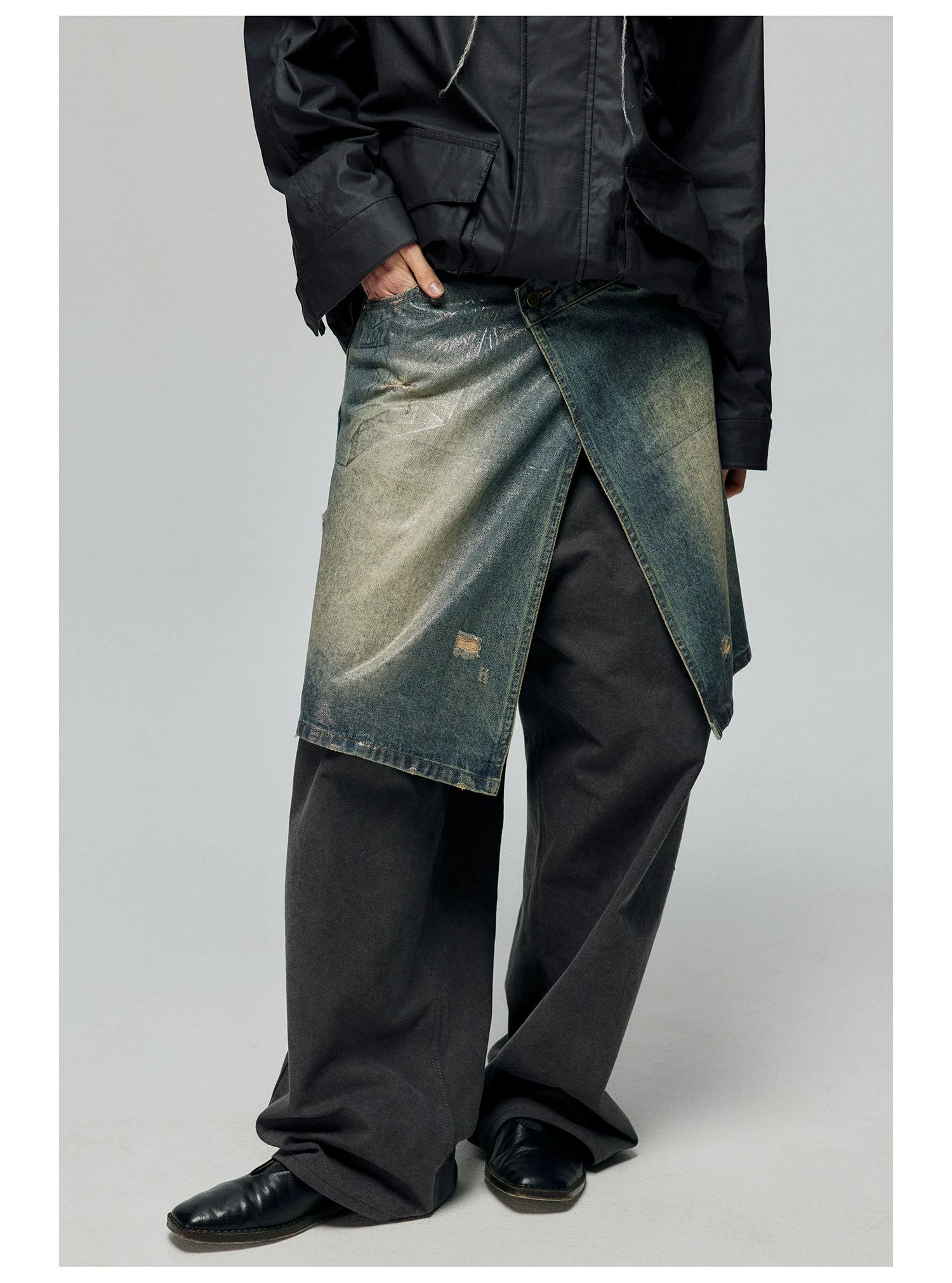 Distressed Denim Wrap Midi Skirt