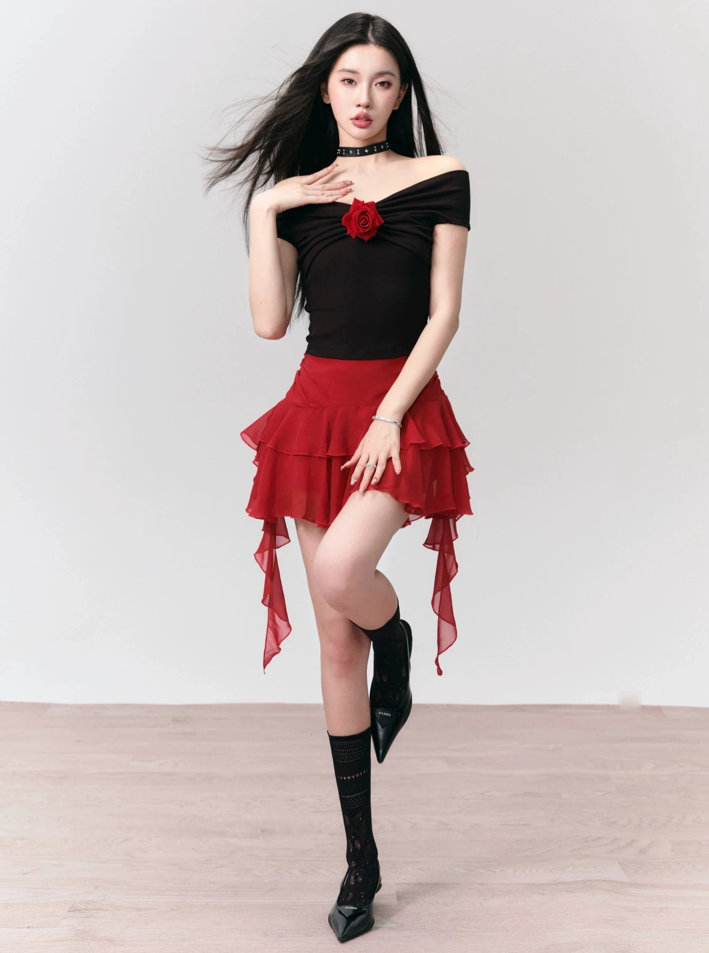 Flamenco-Inspired Dance Set: Off-Shoulder Rose Top and Ruffled Mini Skirt