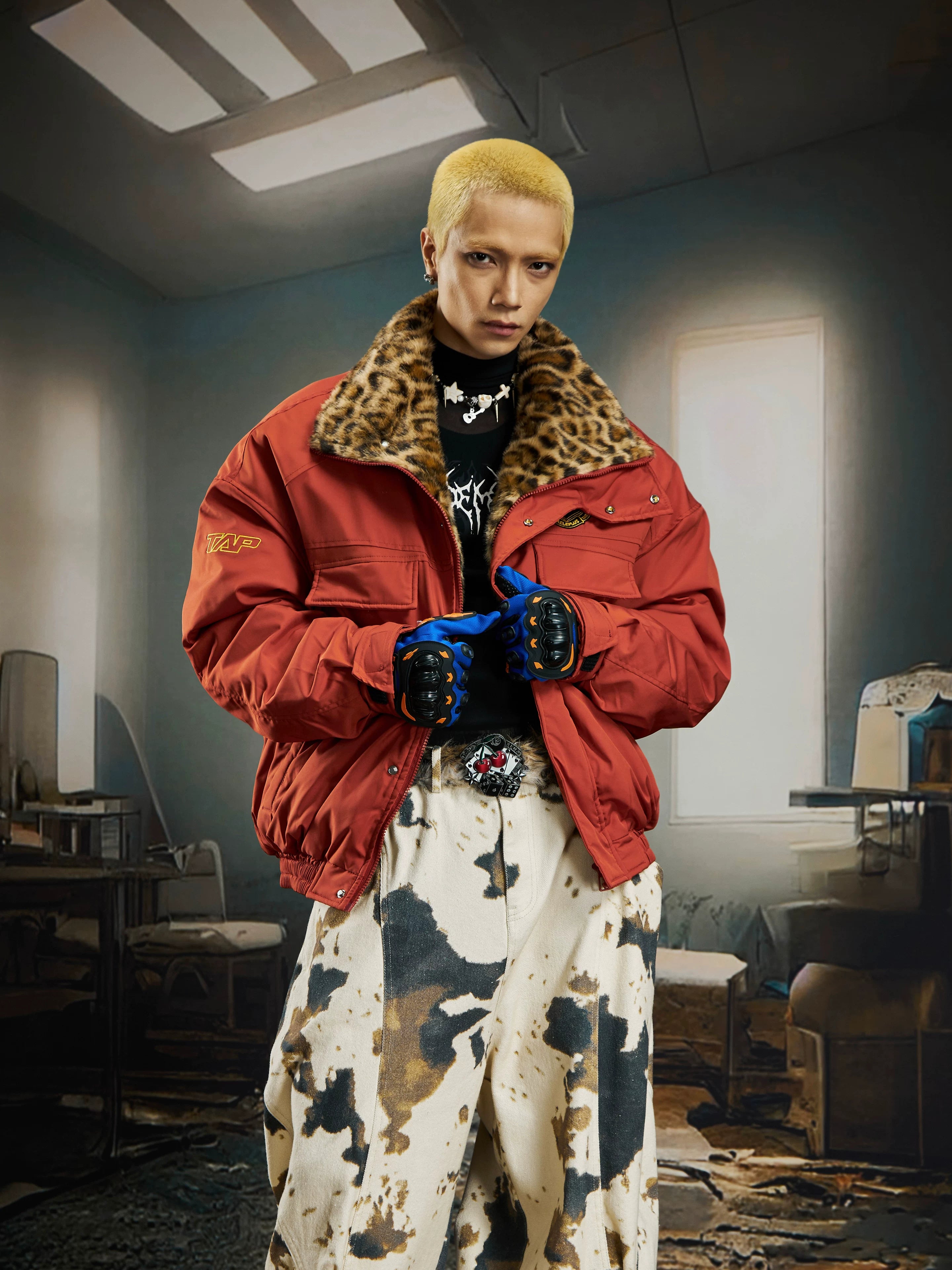 Ember Prowl Leopard‑Collar Bomber Jacket