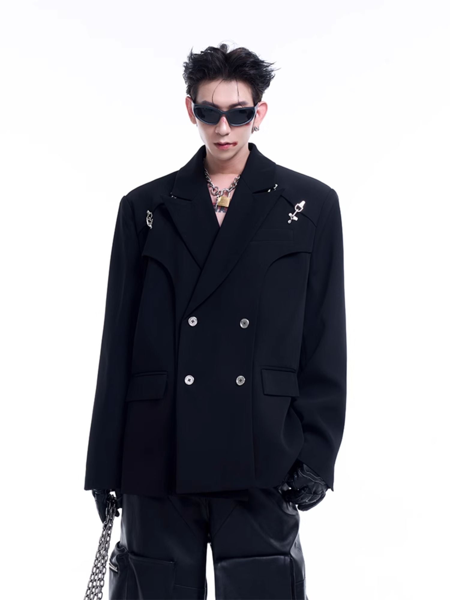 Double-Breasted Blazer with Cross Pins