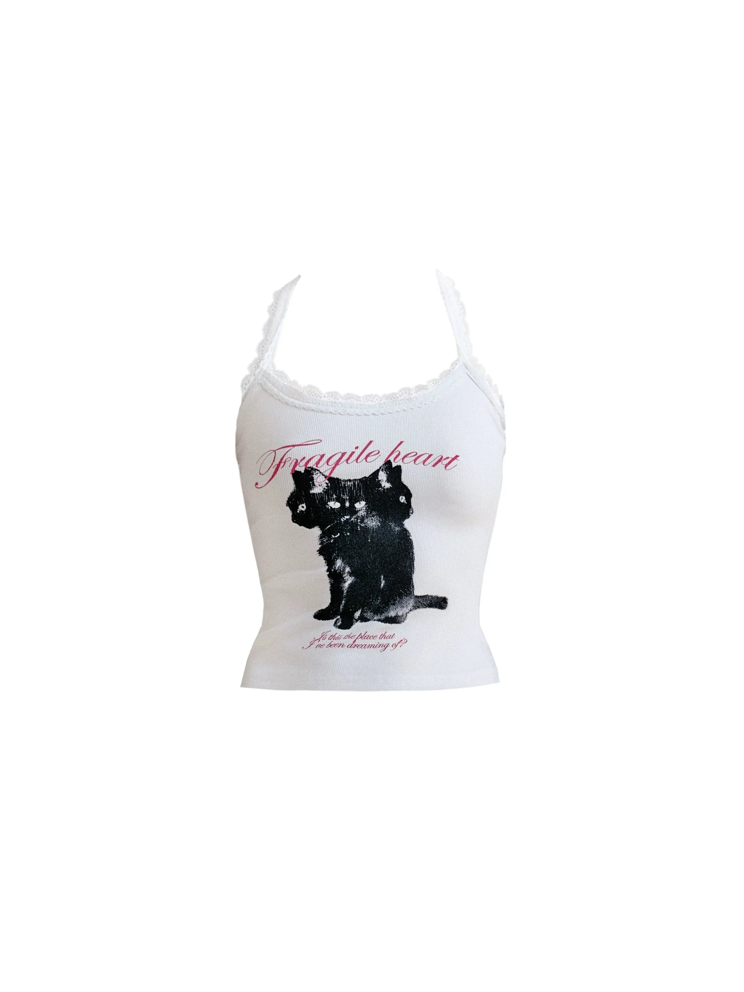 Feline Flair Lace-Trimmed Halter Tank - Black Cat Graphic