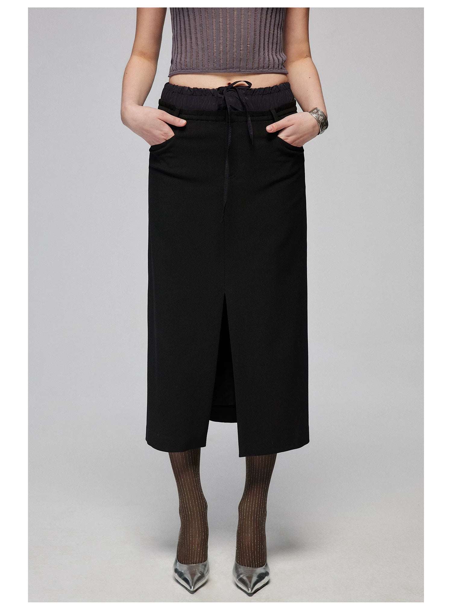 Layered Waist Front-Slit Midi Skirt
