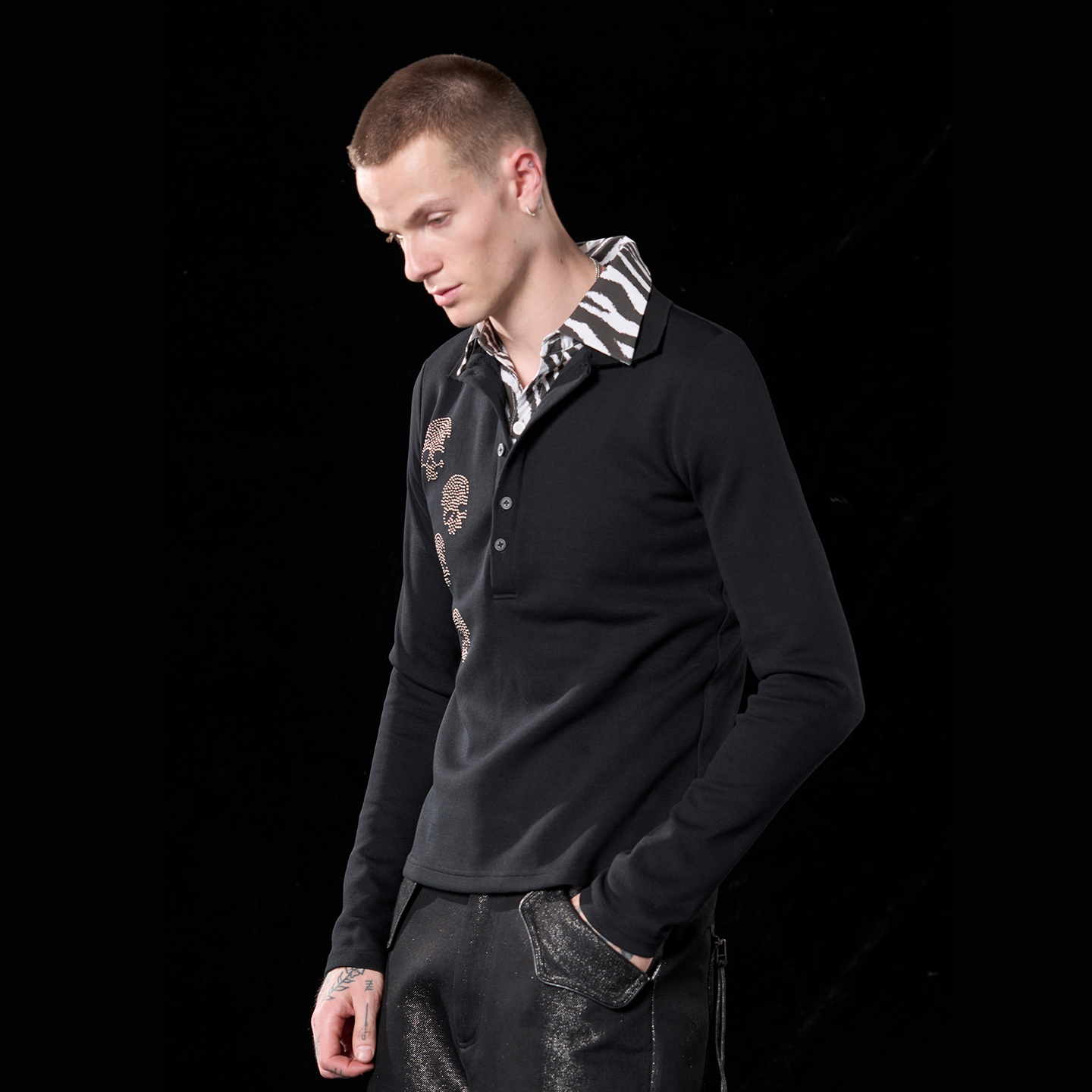 Skull Stripe Collar Long‑Sleeve Polo Sweatshirt