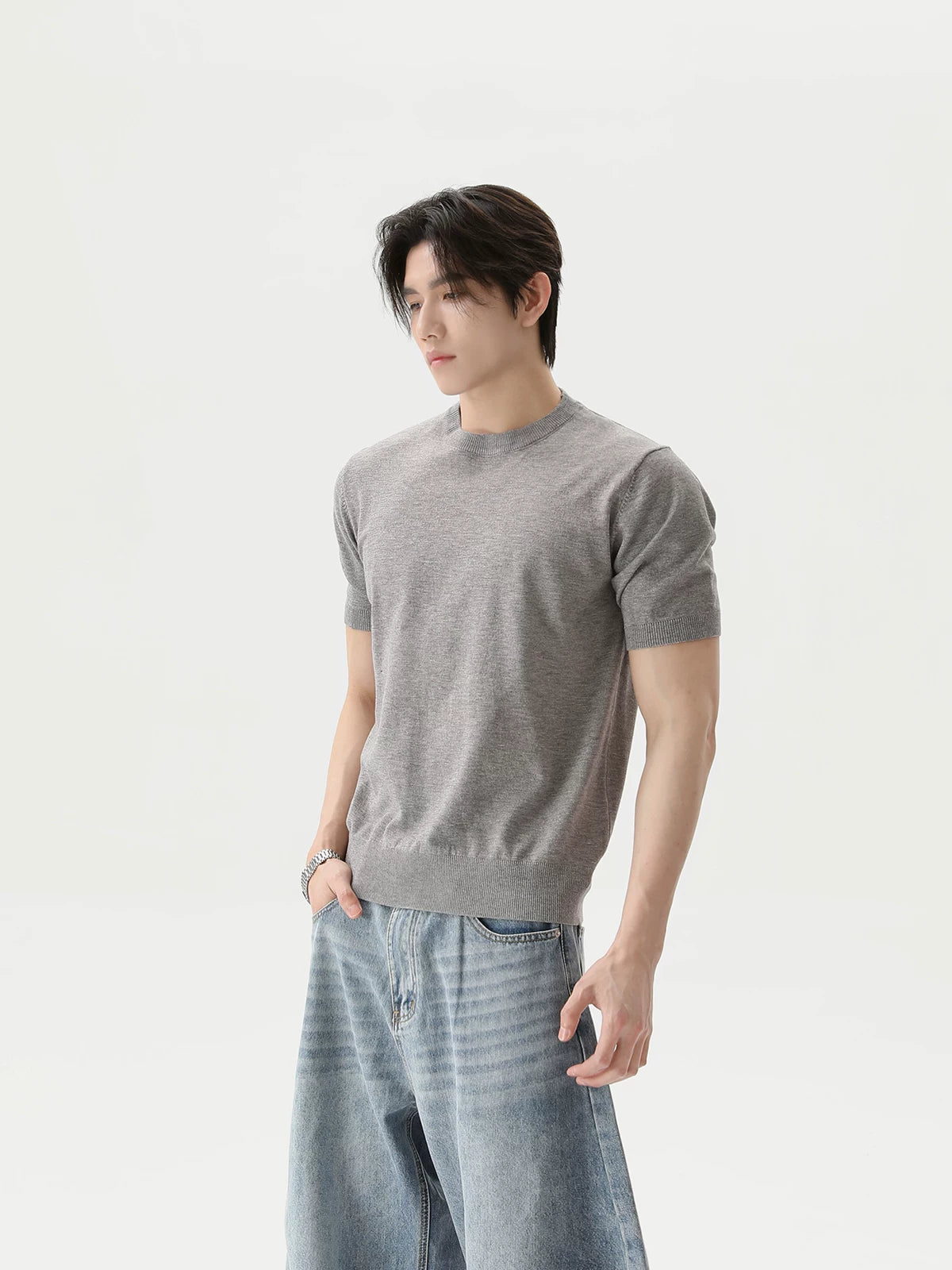 Retro Solid Knit Short-Sleeve T-Shirt - Gray