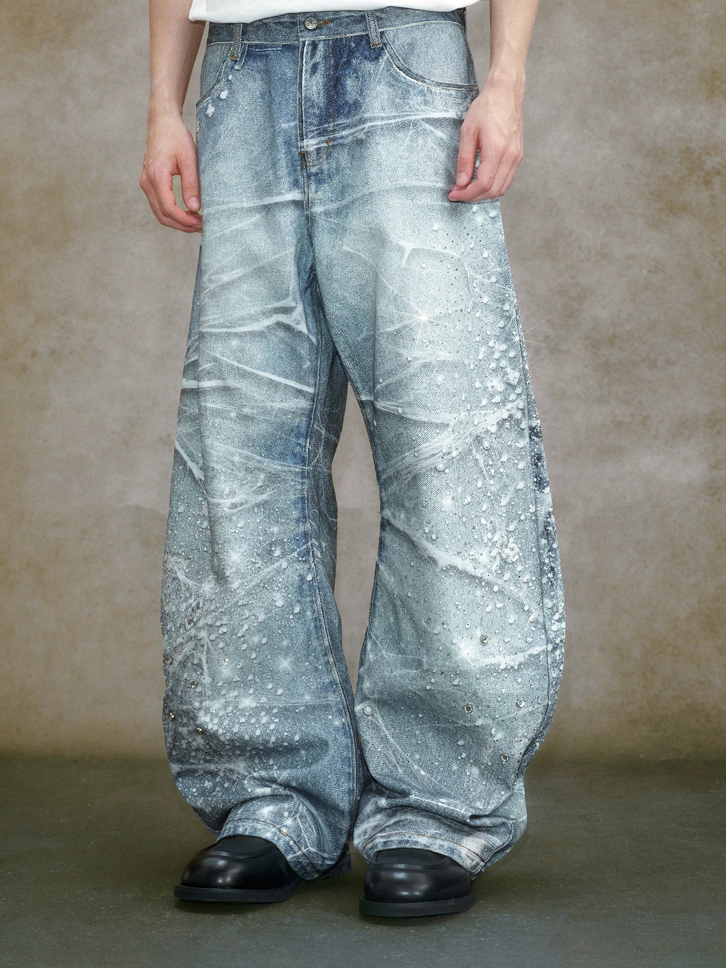Crystal Embellished Bleached Wide Leg Jeans