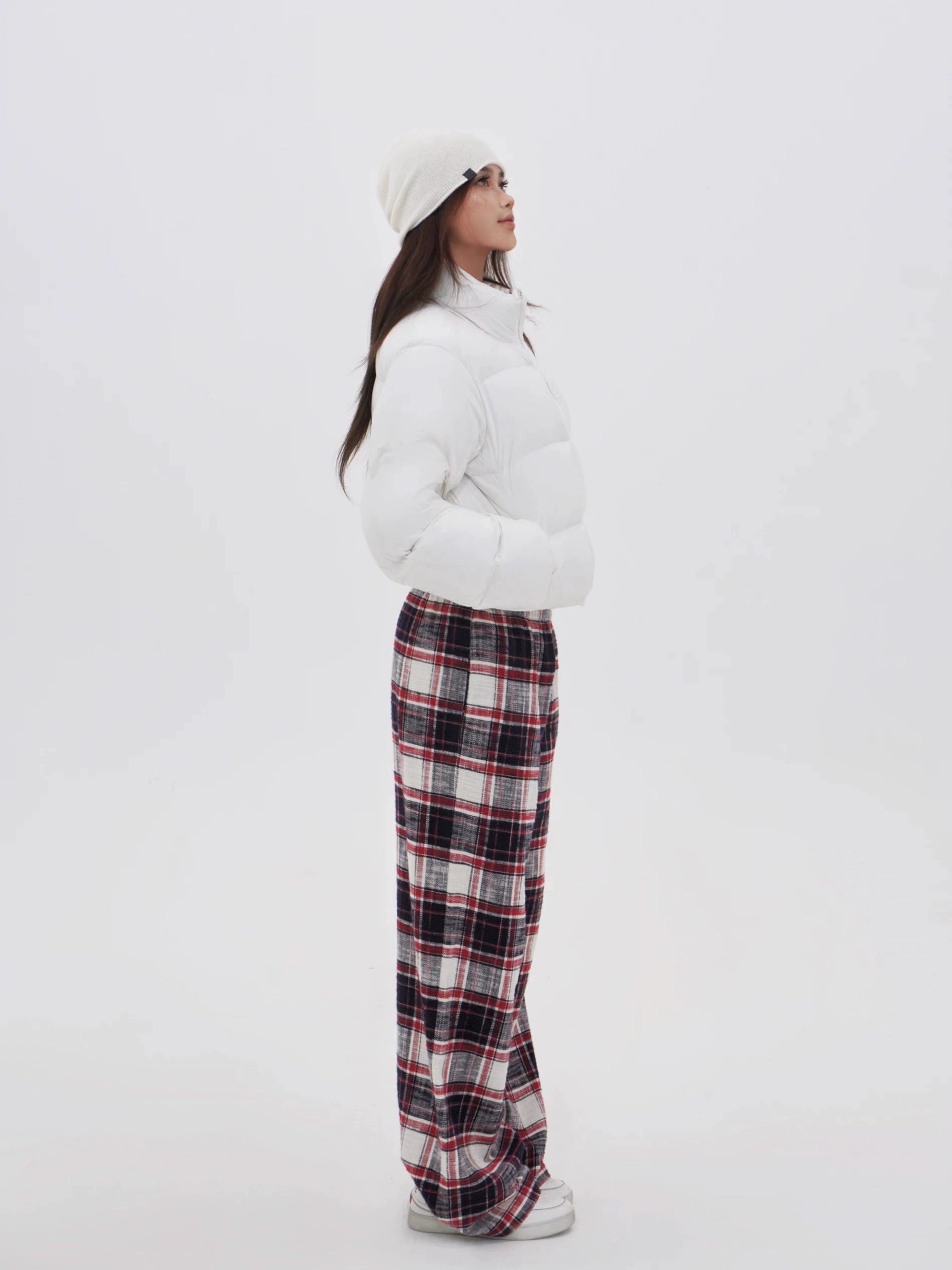 Red Plaid Wide-Leg Floor-Length Pants