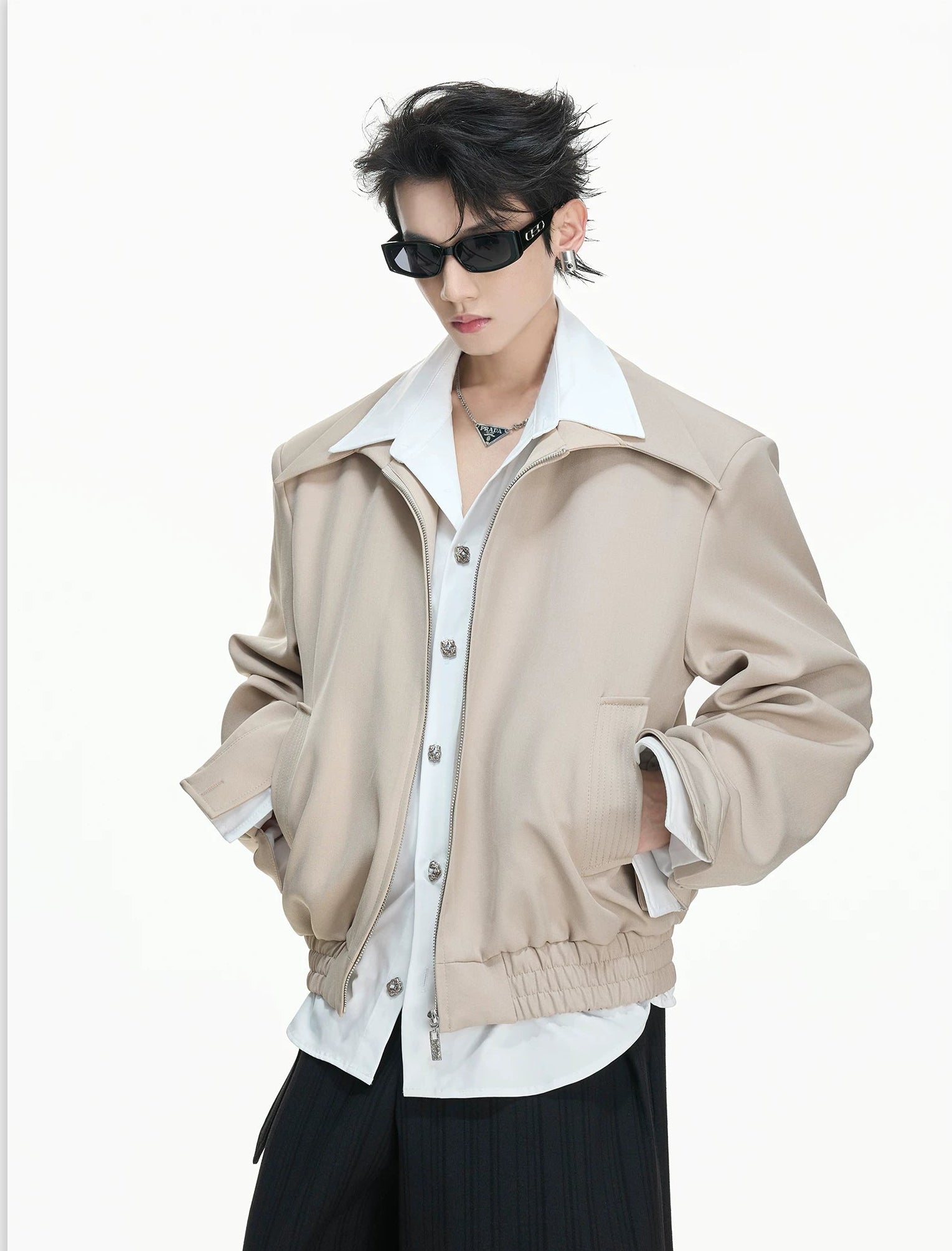 False-Layer Collar Zip Blouson