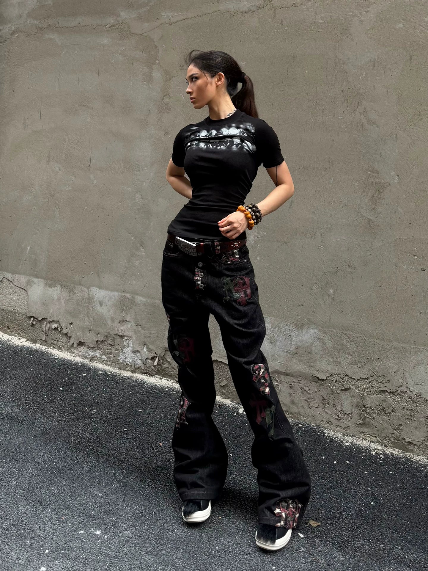 Gothic Letter Appliqué Straight-Leg Denim Jeans
