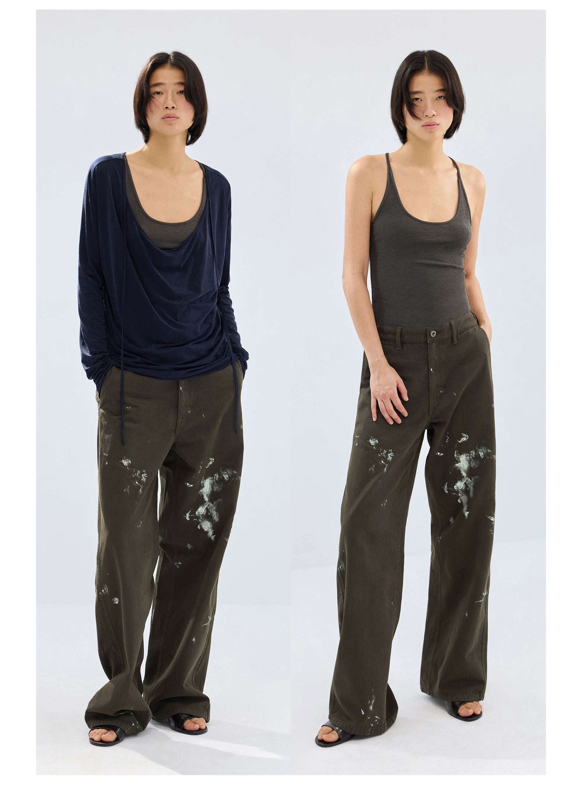 Dark Olive Paint-Splatter Straight-Leg Pants