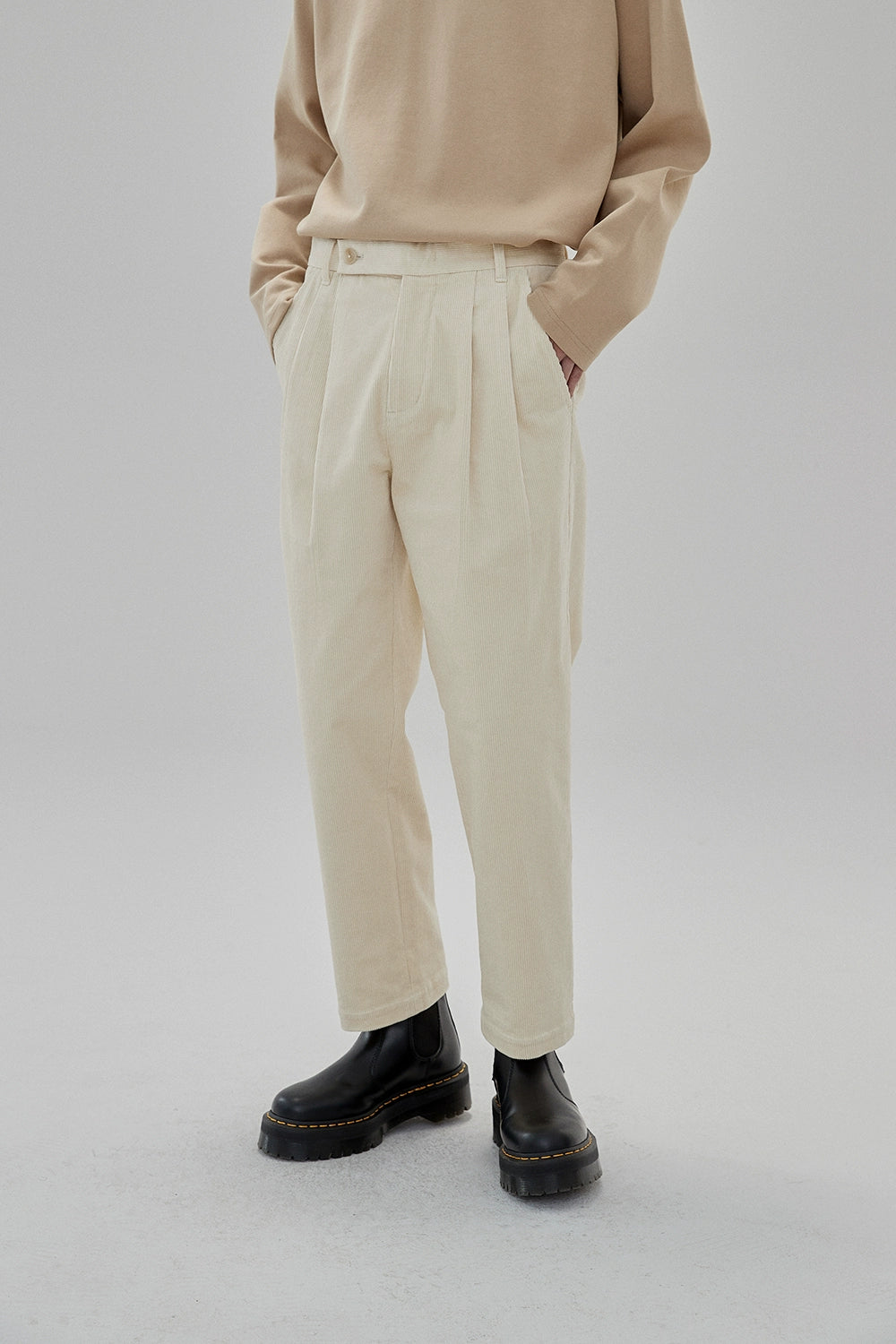 Wide Waist Tab Double-Pleated Relaxed Cropped Pants