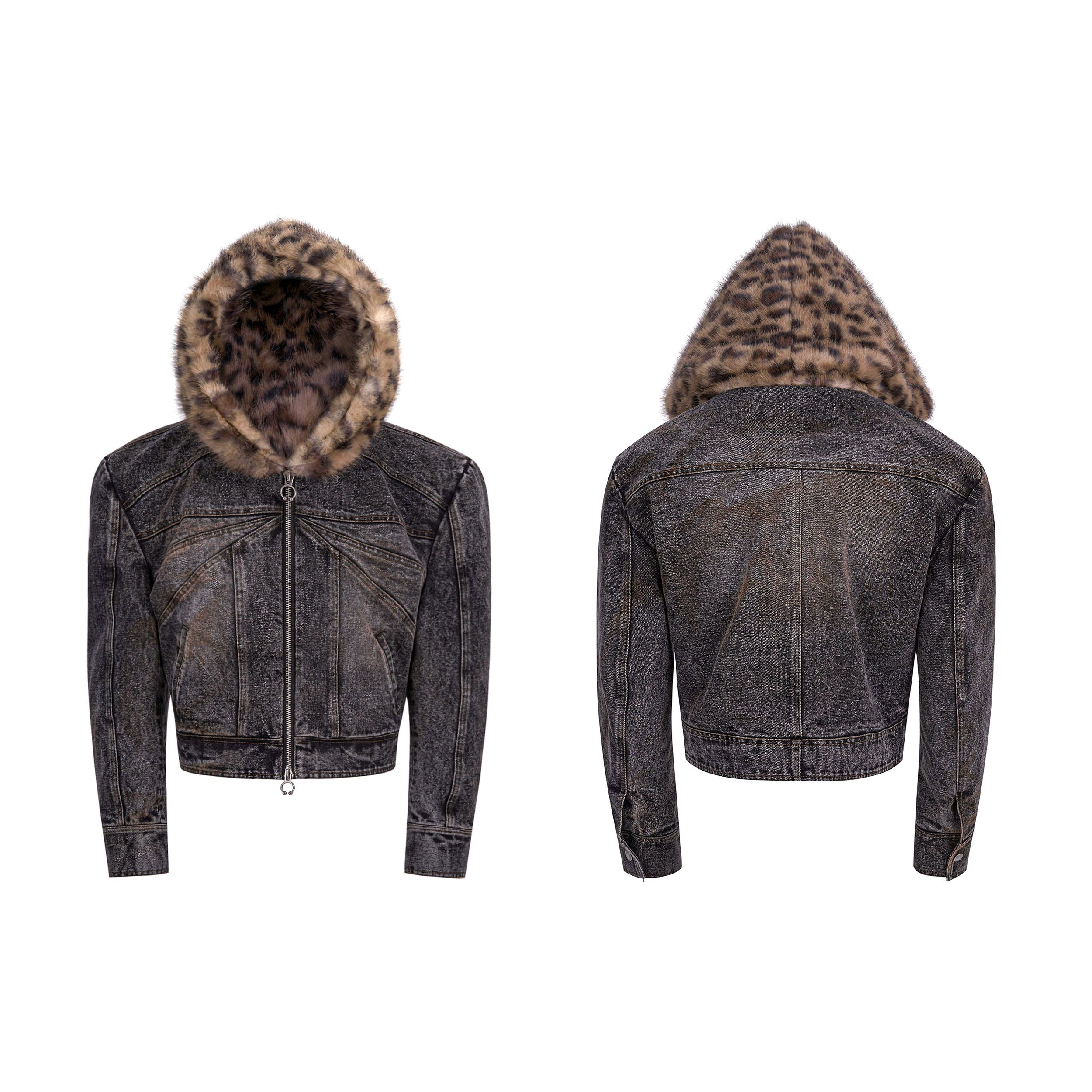 Faded Denim Jacket with Leopard Faux Fur Hood and Pants Setup