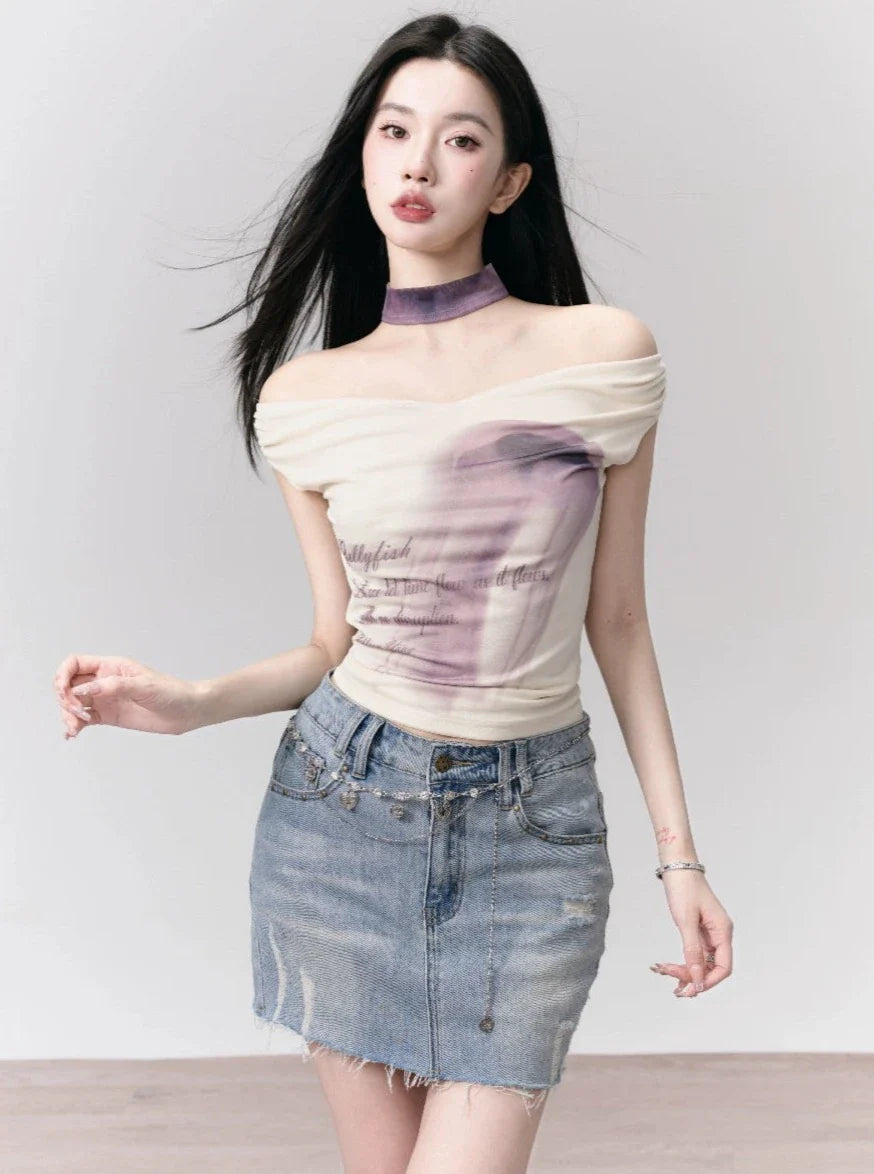 Ethereal Whisper: Off-Shoulder Choker Crop Top with Lavender Ombre Print