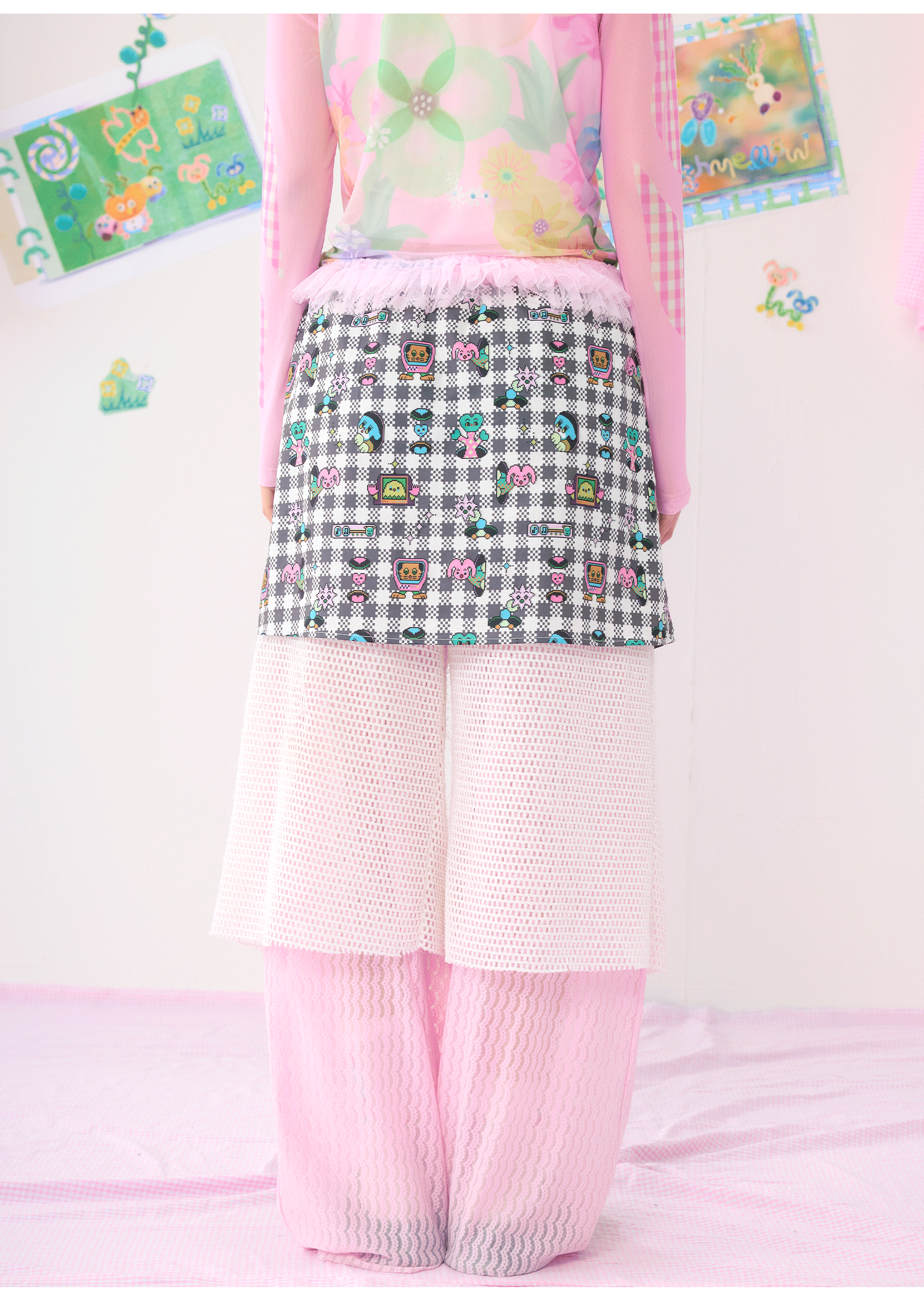 Layered Pink Pants with Gingham Bear Print Overskirt