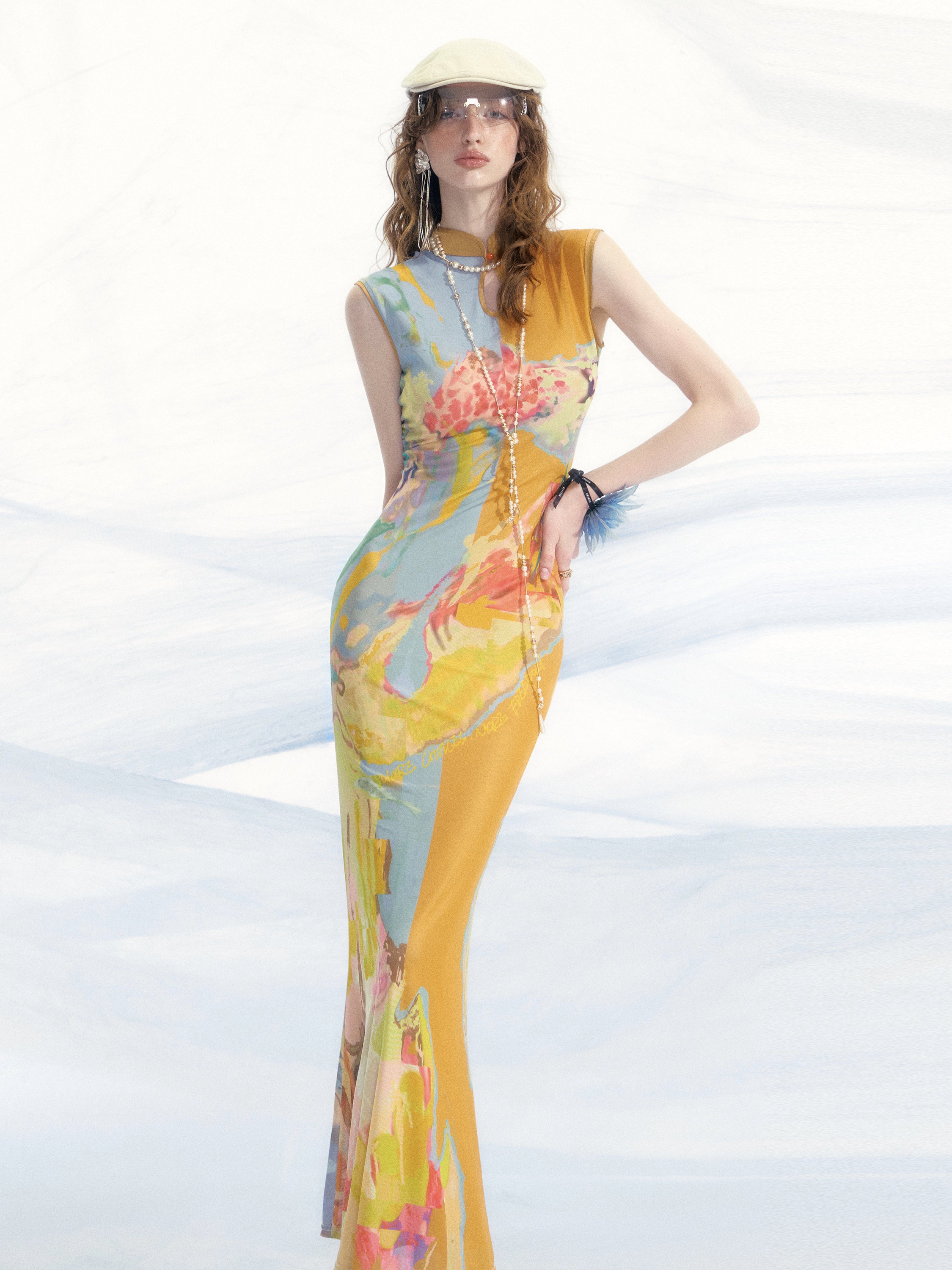 Reversible Mesh Cheongsam Print Dress