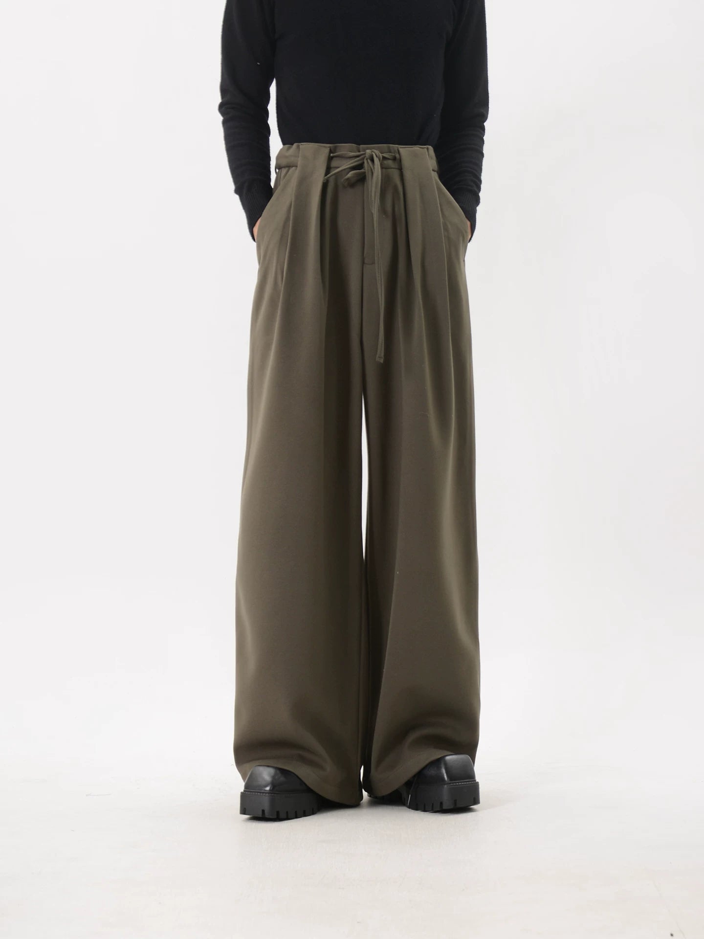 Pleated Casual Drawstring Wide-Leg Trousers