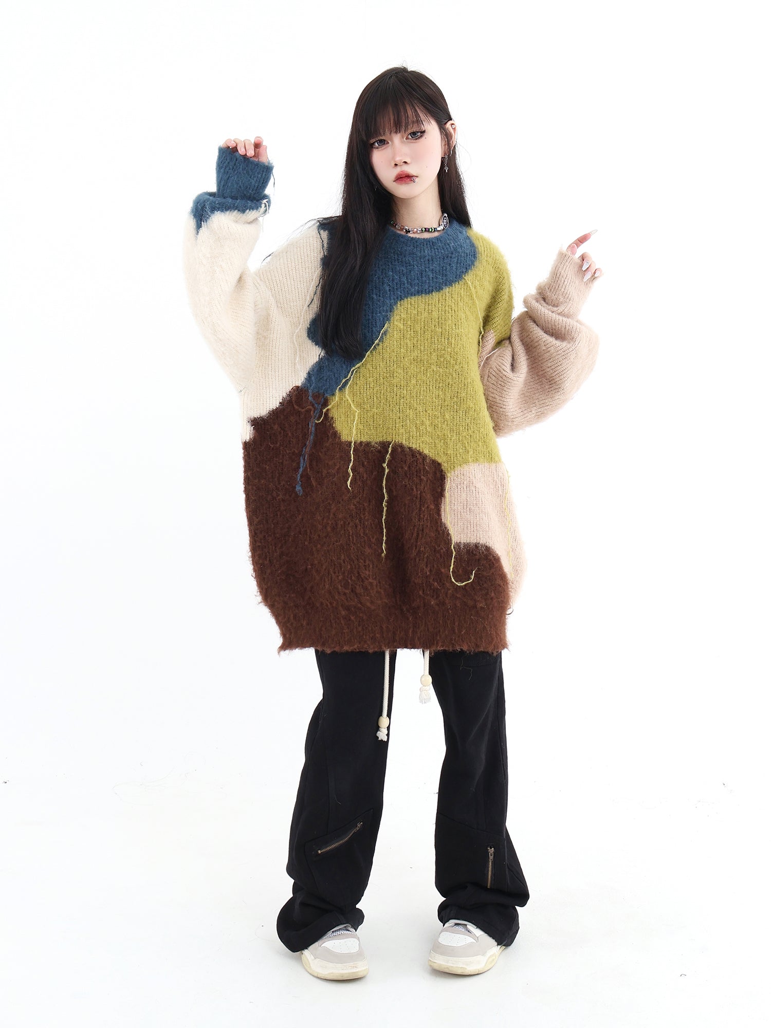 Color Blocked Tassel Detail Fluffy Sweater - chiclara