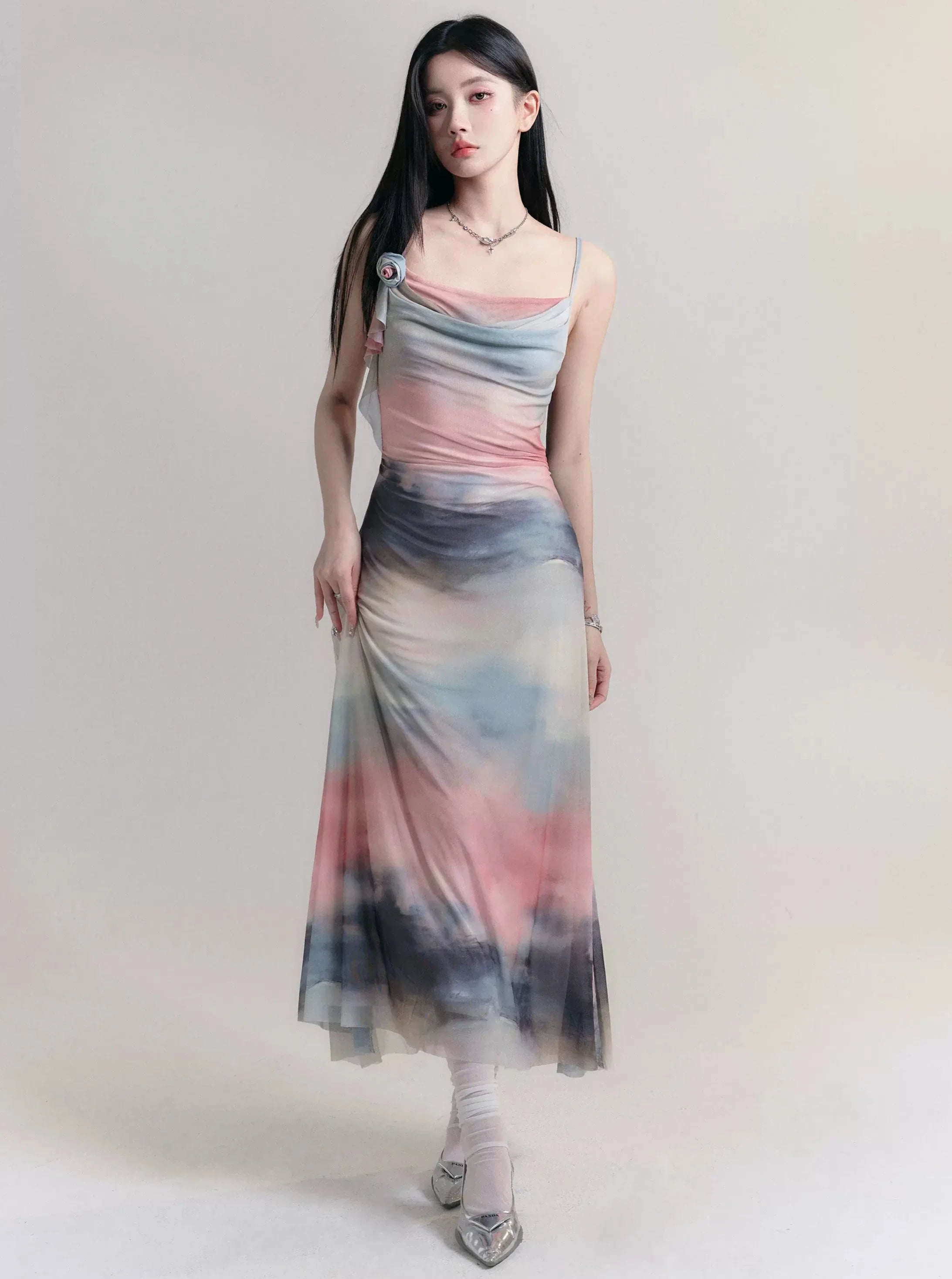 Ethereal Watercolor Maxi Dress: Asymmetric Cowl Neck Ombre Gown in Pastel Hues