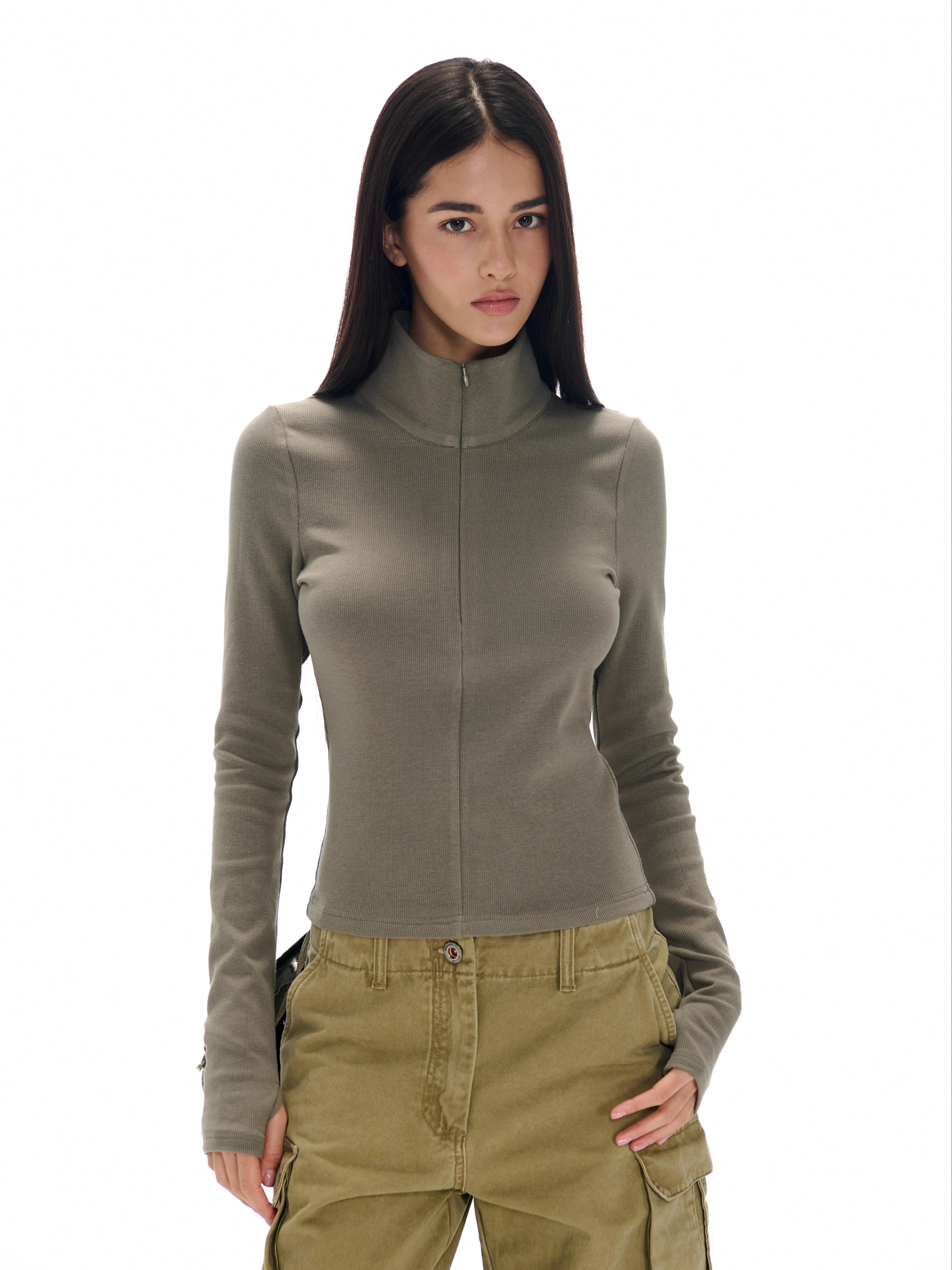 Half-Placket High Collar Long Sleeve T-Shirt Top